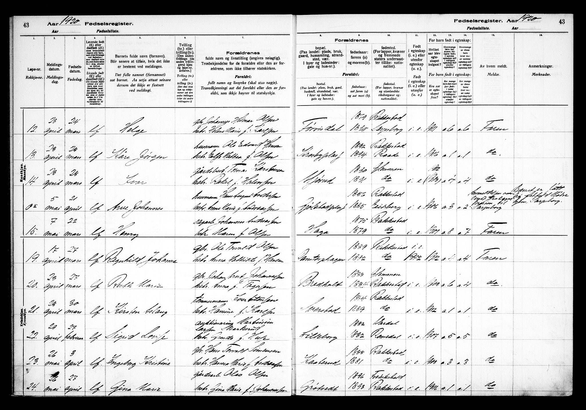 Rakkestad prestekontor Kirkebøker, AV/SAO-A-2008/J/Ja/L0001: Birth register no. I 1, 1916-1936, p. 43