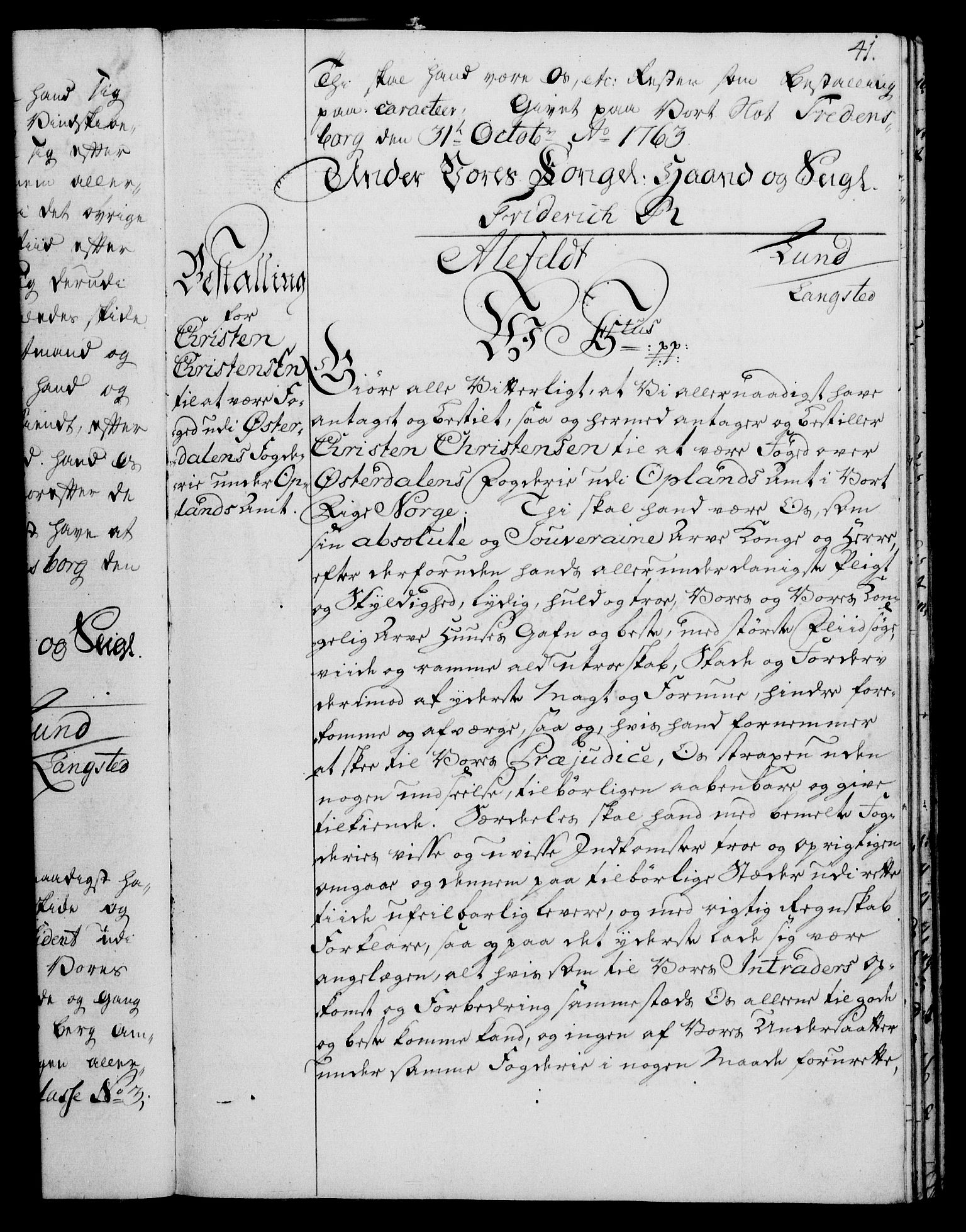 Rentekammeret, Kammerkanselliet, RA/EA-3111/G/Gg/Gge/L0004: Norsk bestallingsprotokoll med register (merket RK 53.28), 1762-1771, p. 41