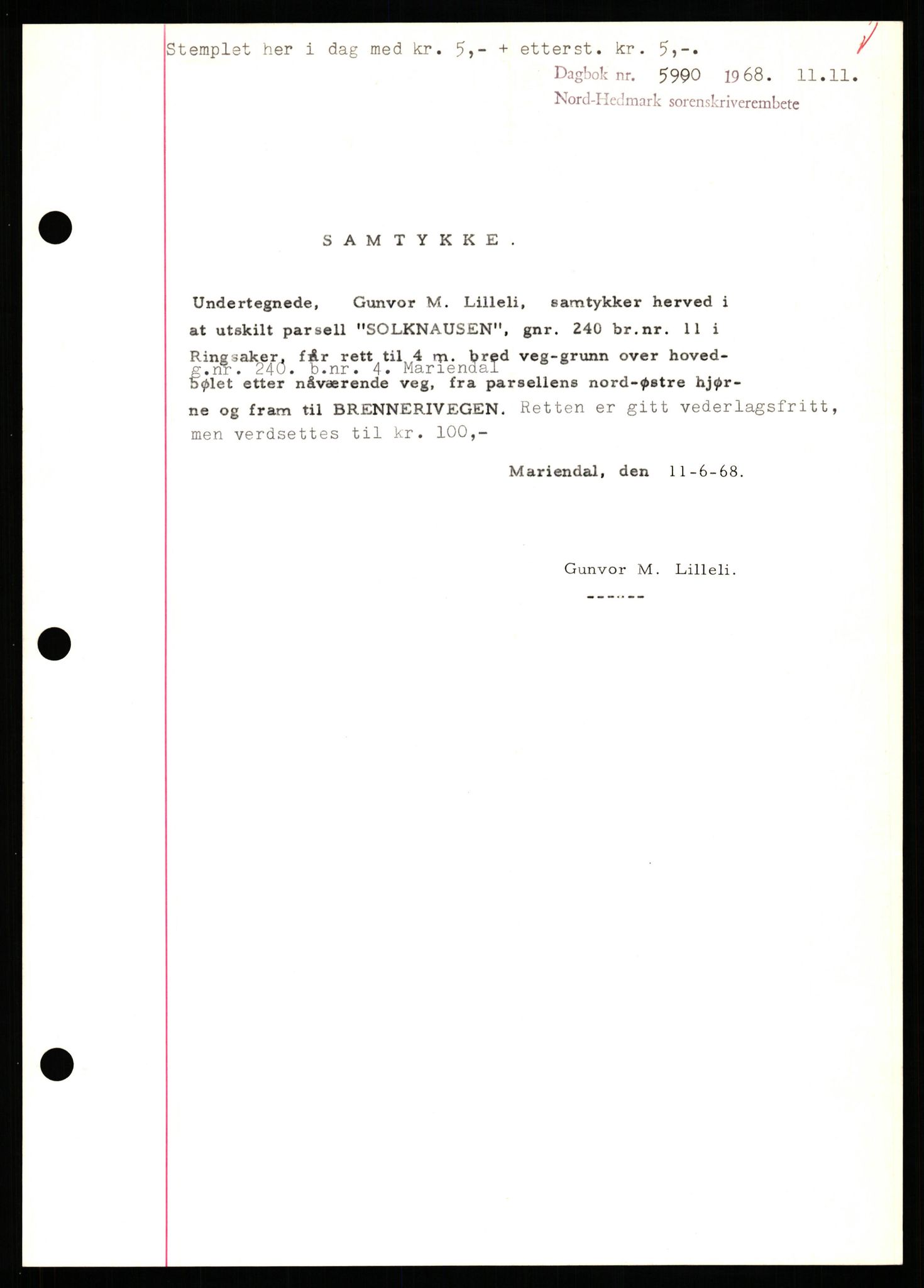 Nord-Hedmark sorenskriveri, SAH/TING-012/H/Hb/Hbf/L0077: Mortgage book no. B77, 1968-1969, Diary no: : 5990/1968