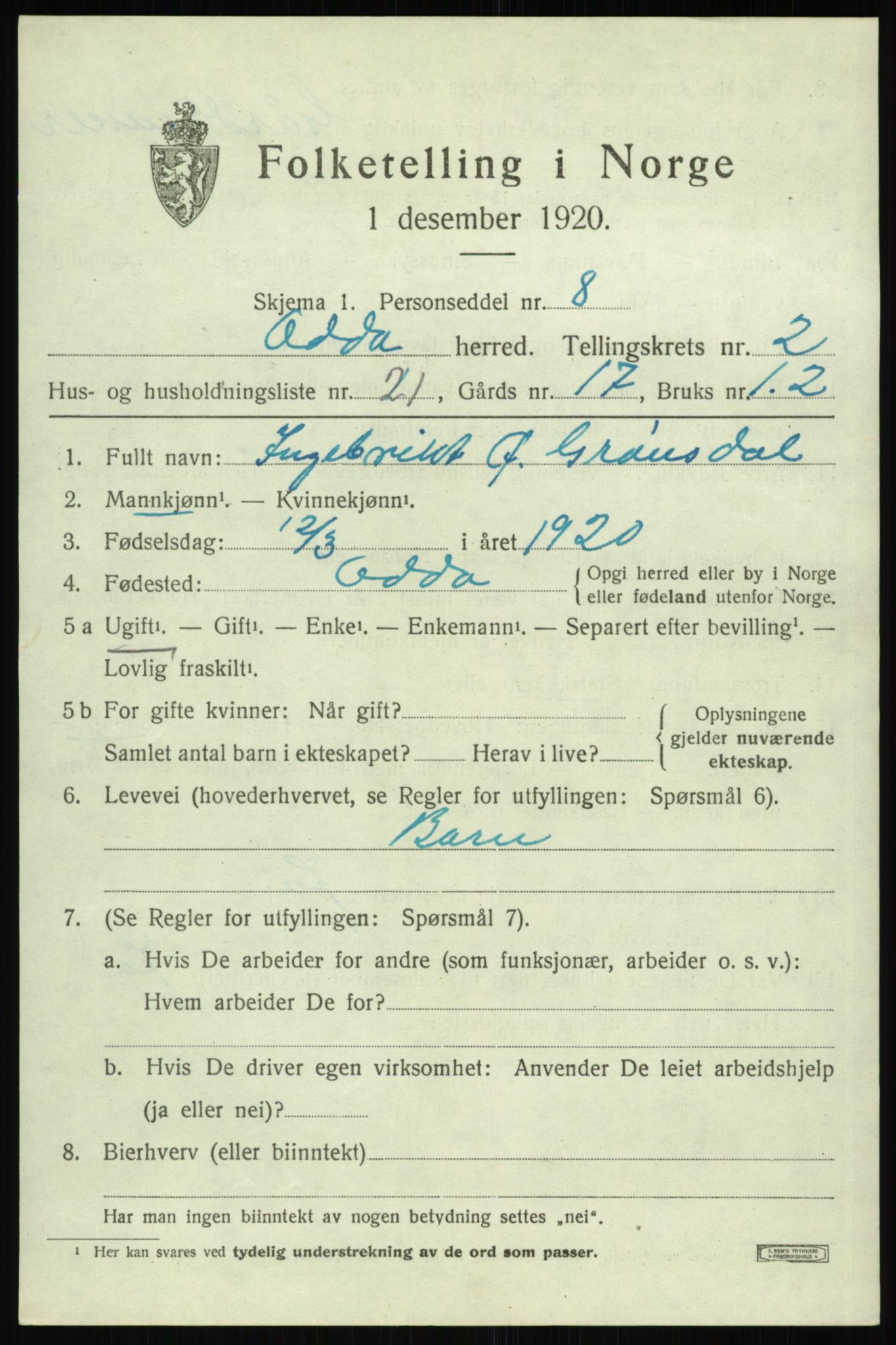 SAB, 1920 census for Odda, 1920, p. 2139