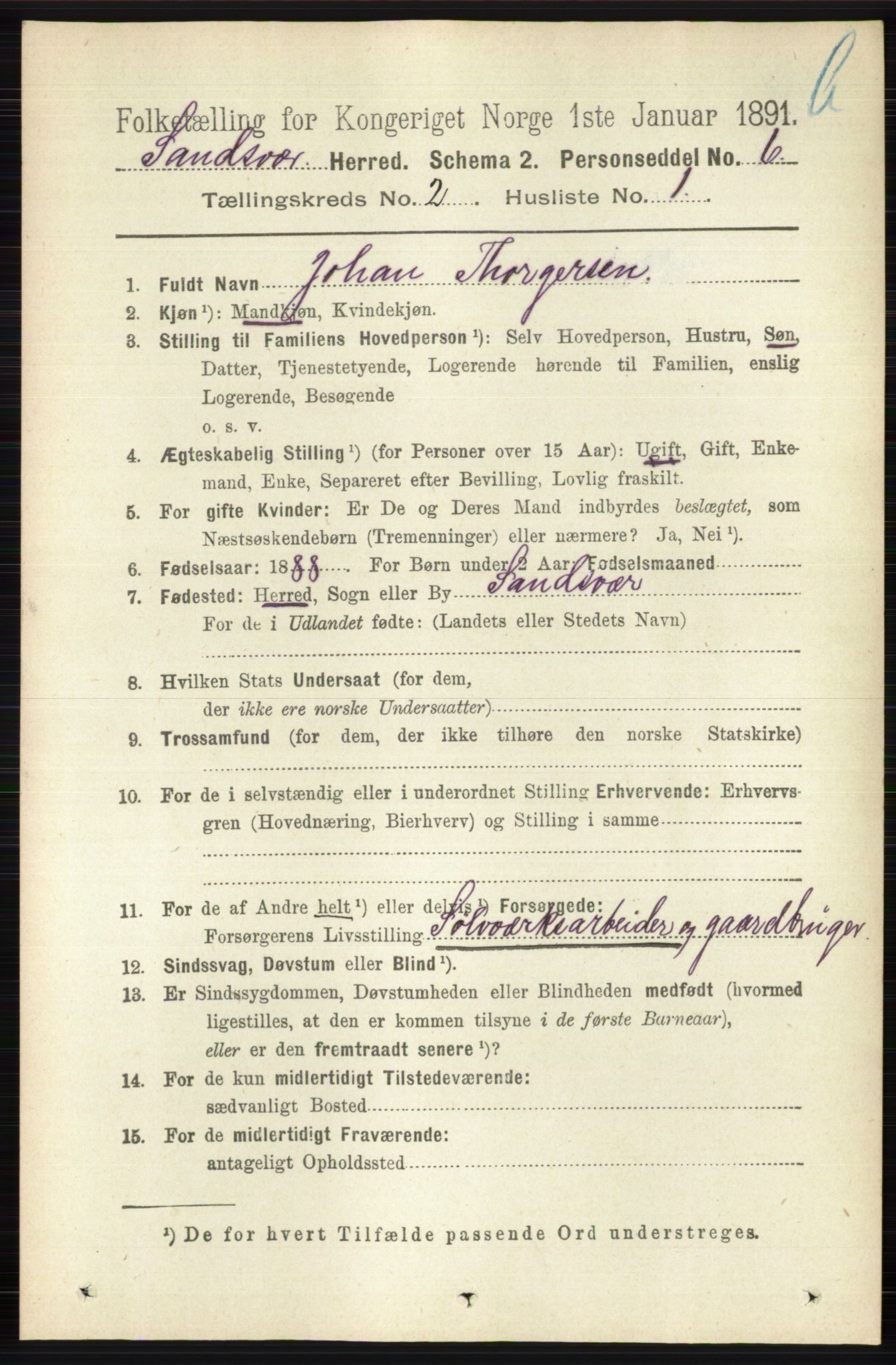 RA, 1891 census for 0629 Sandsvær, 1891, p. 5732