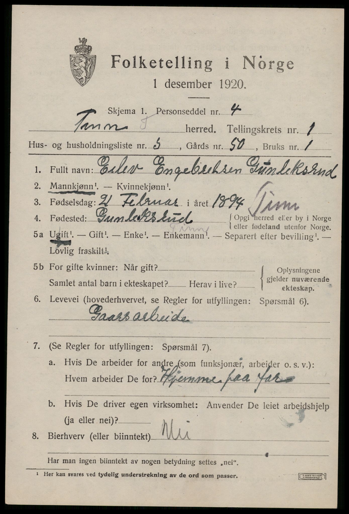 SAKO, 1920 census for Tinn, 1920, p. 2740