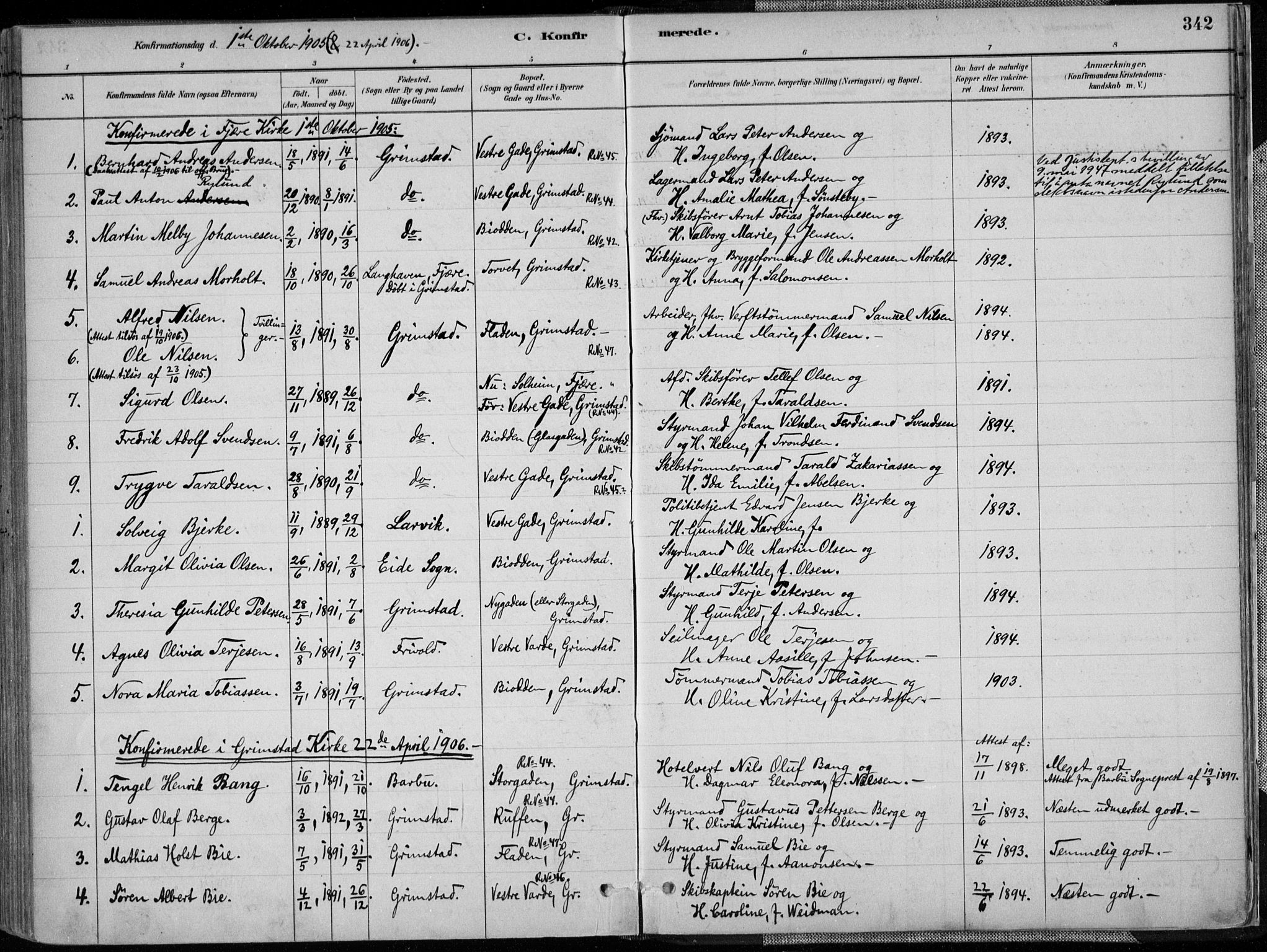 Grimstad sokneprestkontor, SAK/1111-0017/F/Fa/L0003: Parish register (official) no. A 2, 1882-1912, p. 342