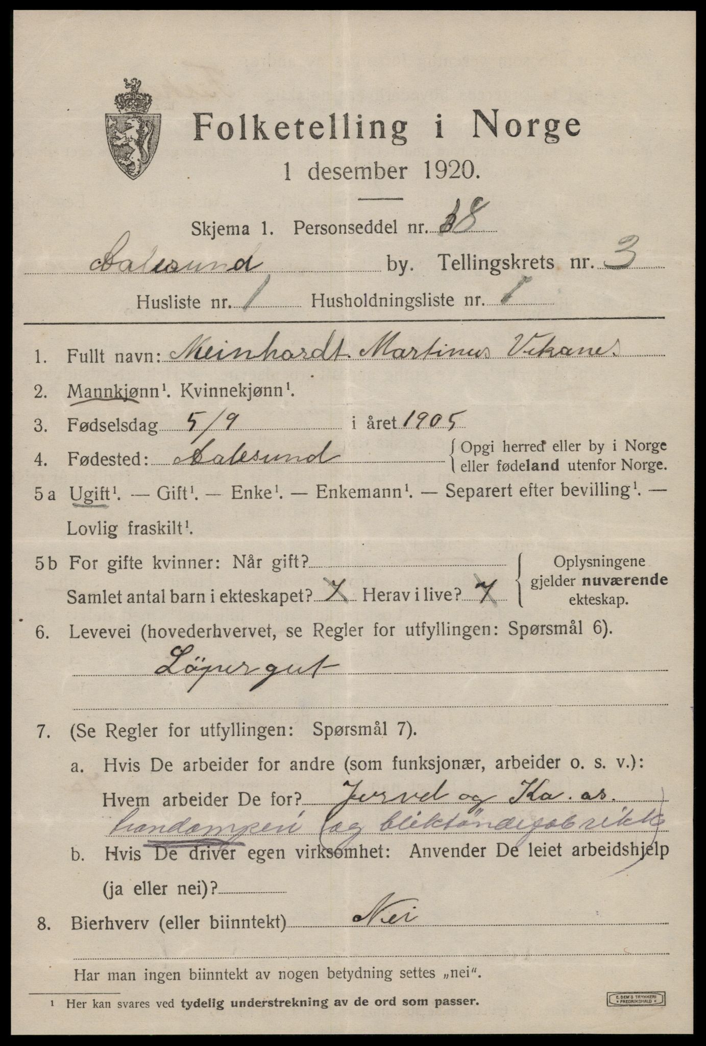 SAT, 1920 census for Ålesund, 1920, p. 11896