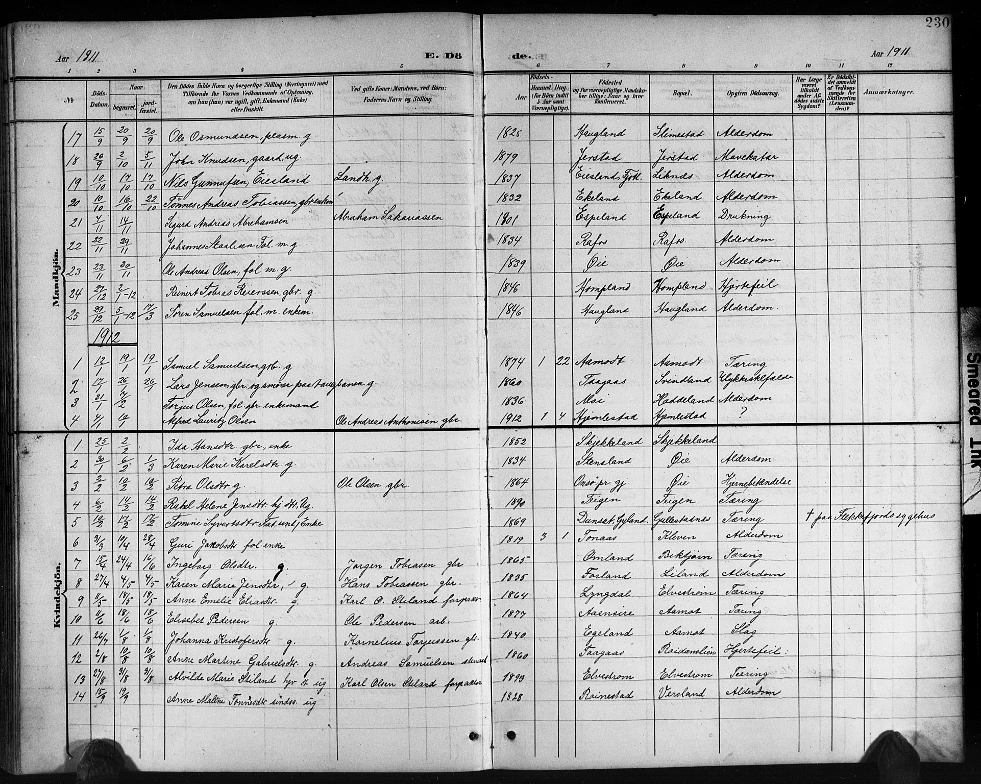Kvinesdal sokneprestkontor, SAK/1111-0026/F/Fb/Fbb/L0003: Parish register (copy) no. B 3, 1898-1916, p. 230