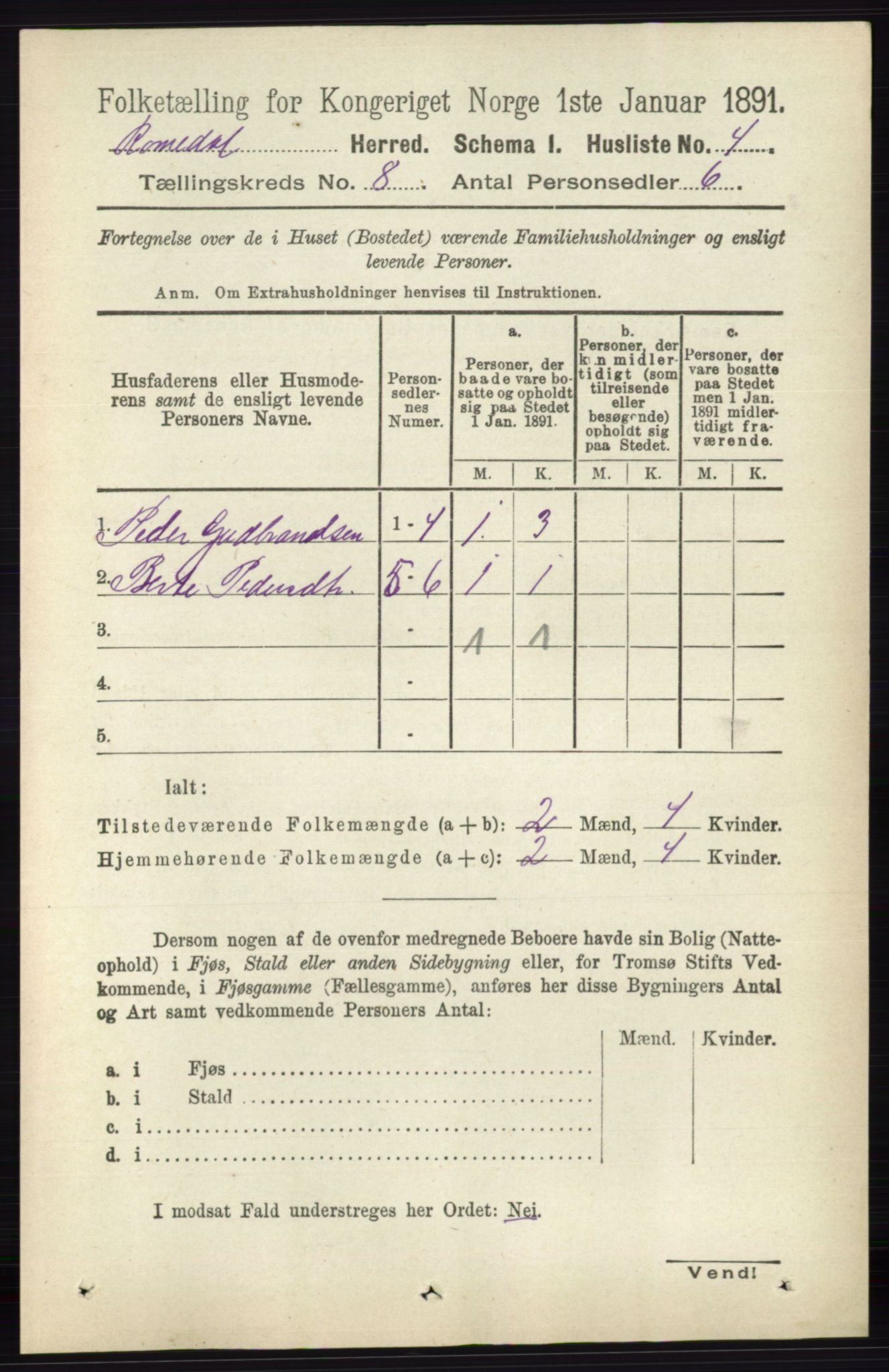 RA, 1891 census for 0416 Romedal, 1891, p. 3912