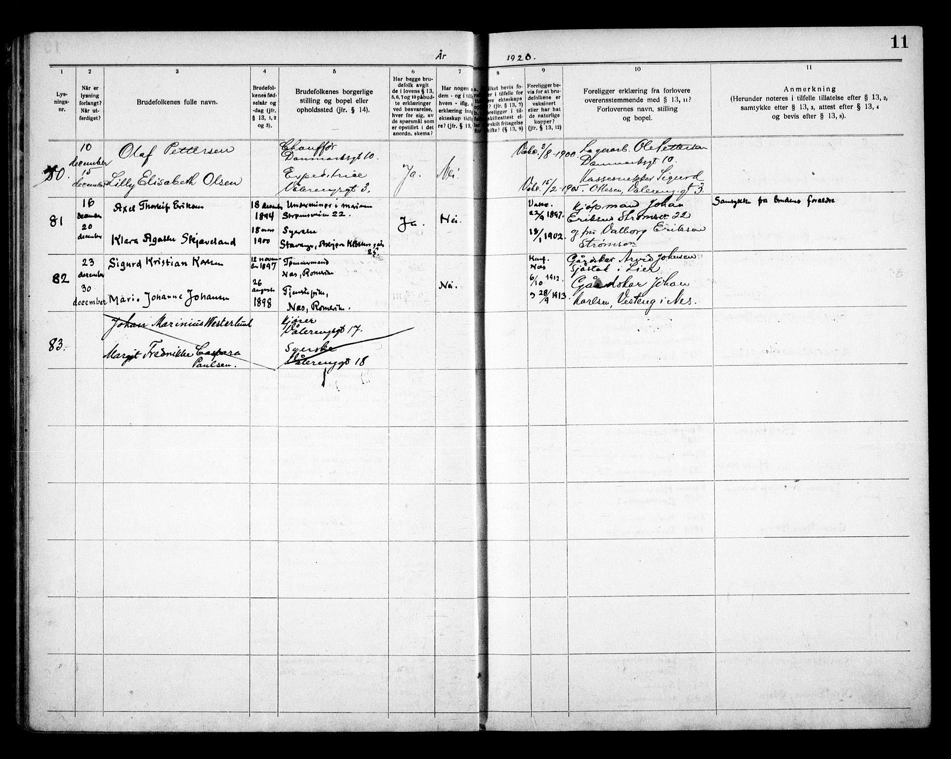 Vålerengen prestekontor Kirkebøker, AV/SAO-A-10878/H/Ha/L0003: Banns register no. 3, 1919-1932, p. 11