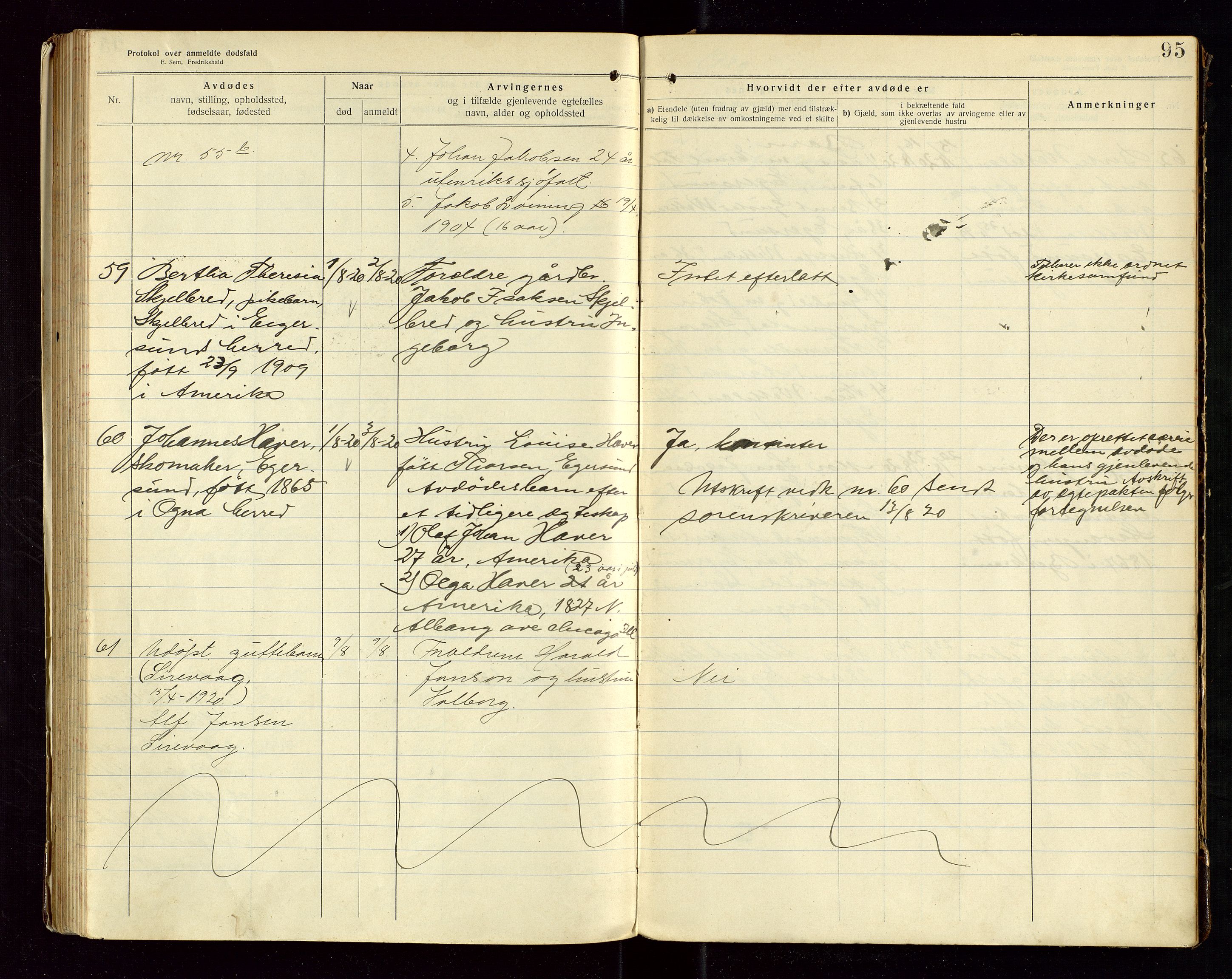 Eigersund lensmannskontor, SAST/A-100171/Gga/L0007: "Protokol over anmeldte dødsfald" m/alfabetisk navneregister, 1917-1920, p. 95
