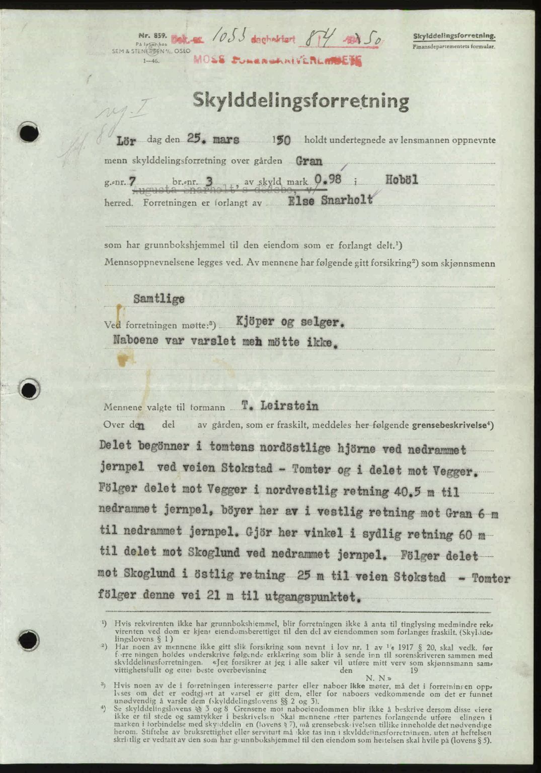 Moss sorenskriveri, SAO/A-10168: Mortgage book no. A25, 1950-1950, Diary no: : 1055/1950