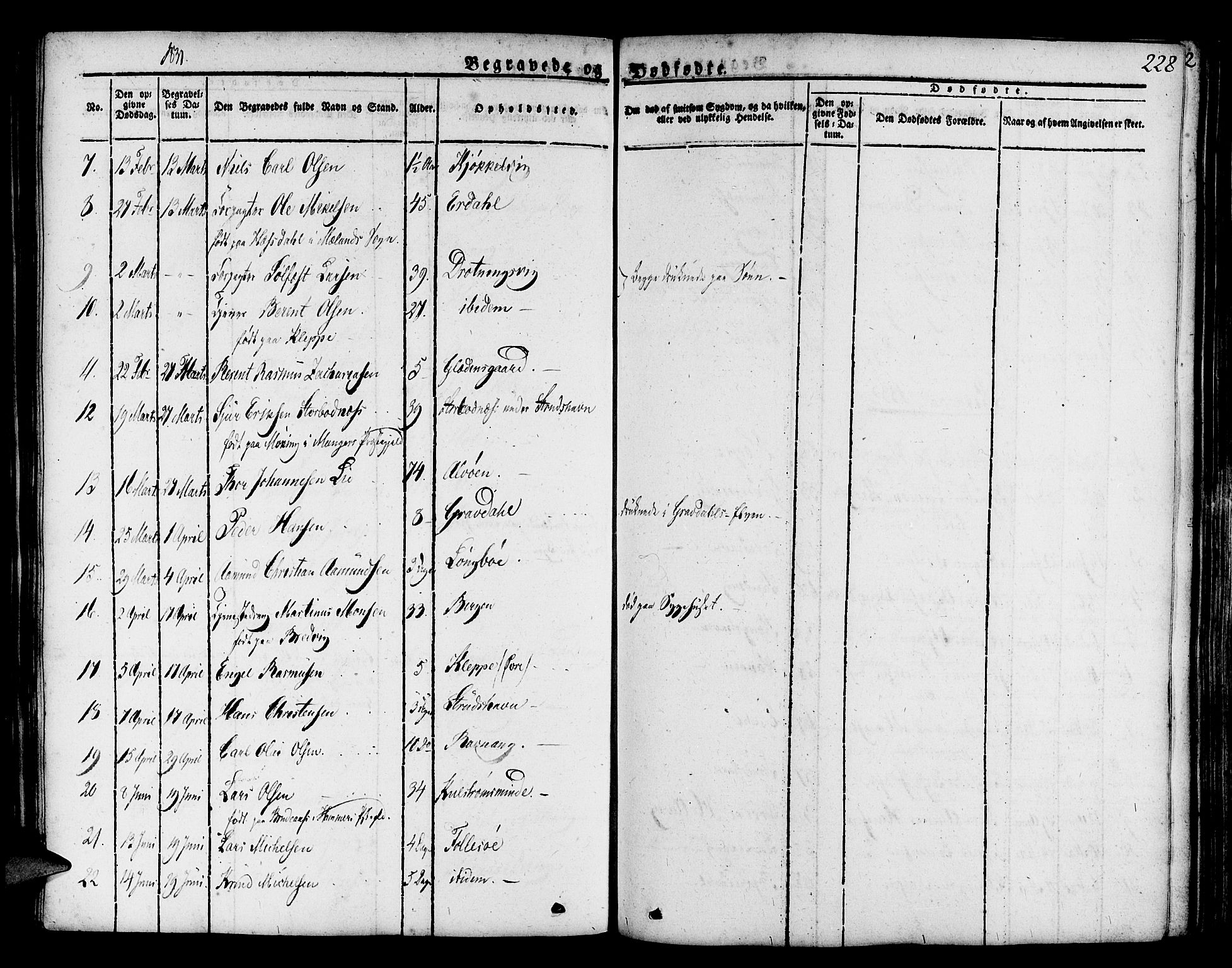 Askøy Sokneprestembete, SAB/A-74101/H/Ha/Haa/Haaa/L0004: Parish register (official) no. A 4, 1825-1845, p. 228