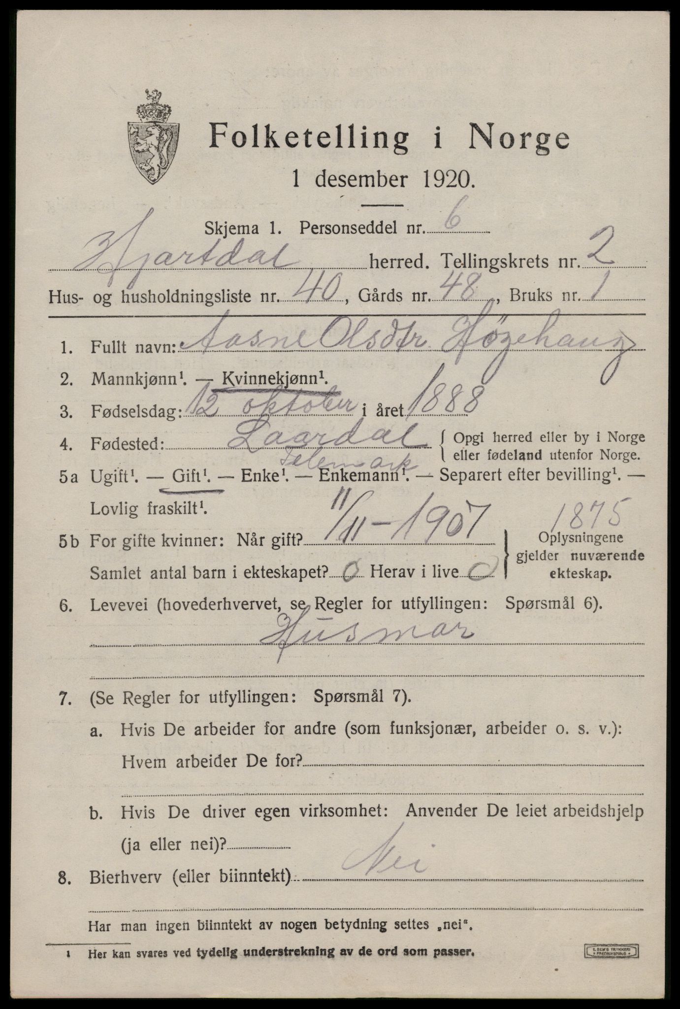 SAKO, 1920 census for Hjartdal, 1920, p. 2246