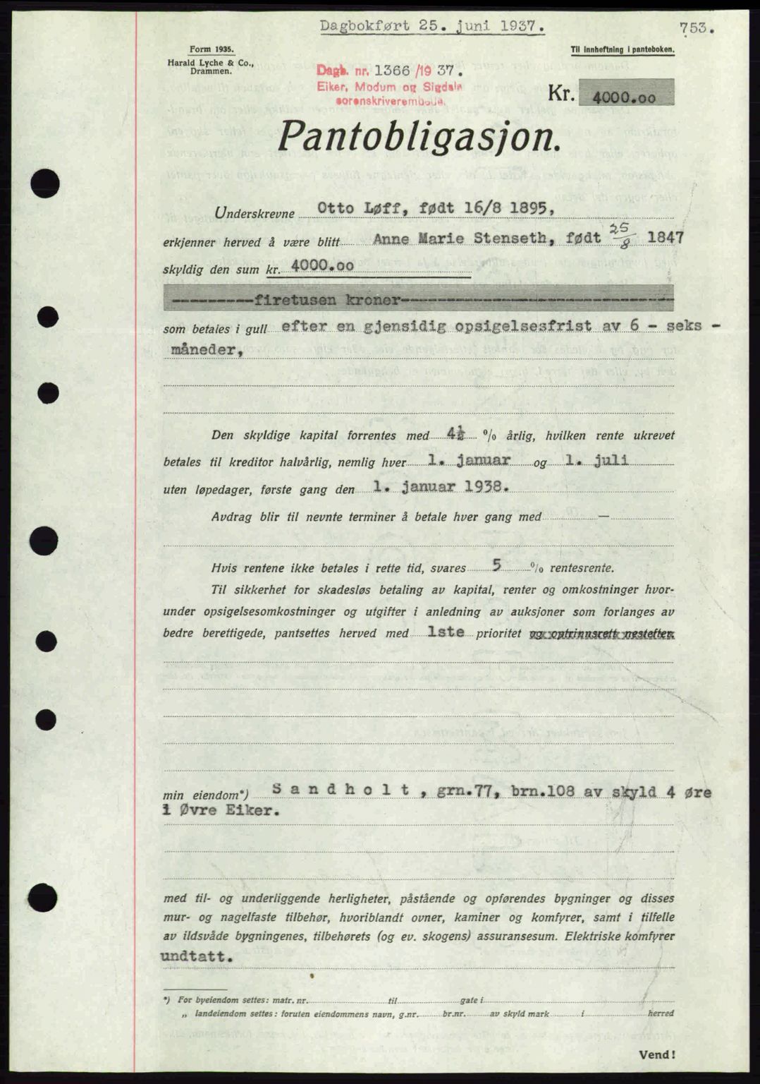 Eiker, Modum og Sigdal sorenskriveri, SAKO/A-123/G/Ga/Gab/L0035: Mortgage book no. A5, 1937-1937, Diary no: : 1366/1937