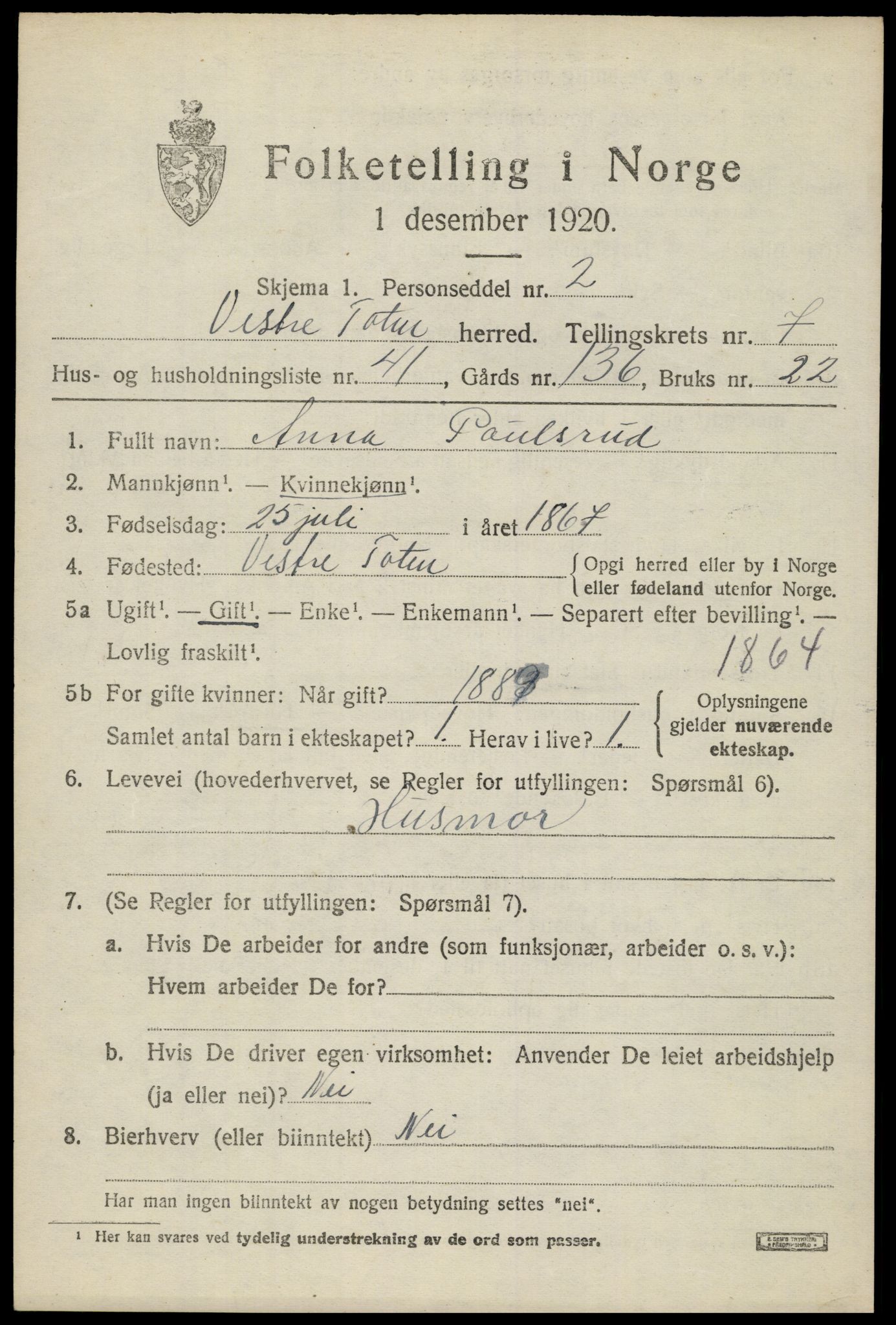 SAH, 1920 census for Vestre Toten, 1920, p. 9674