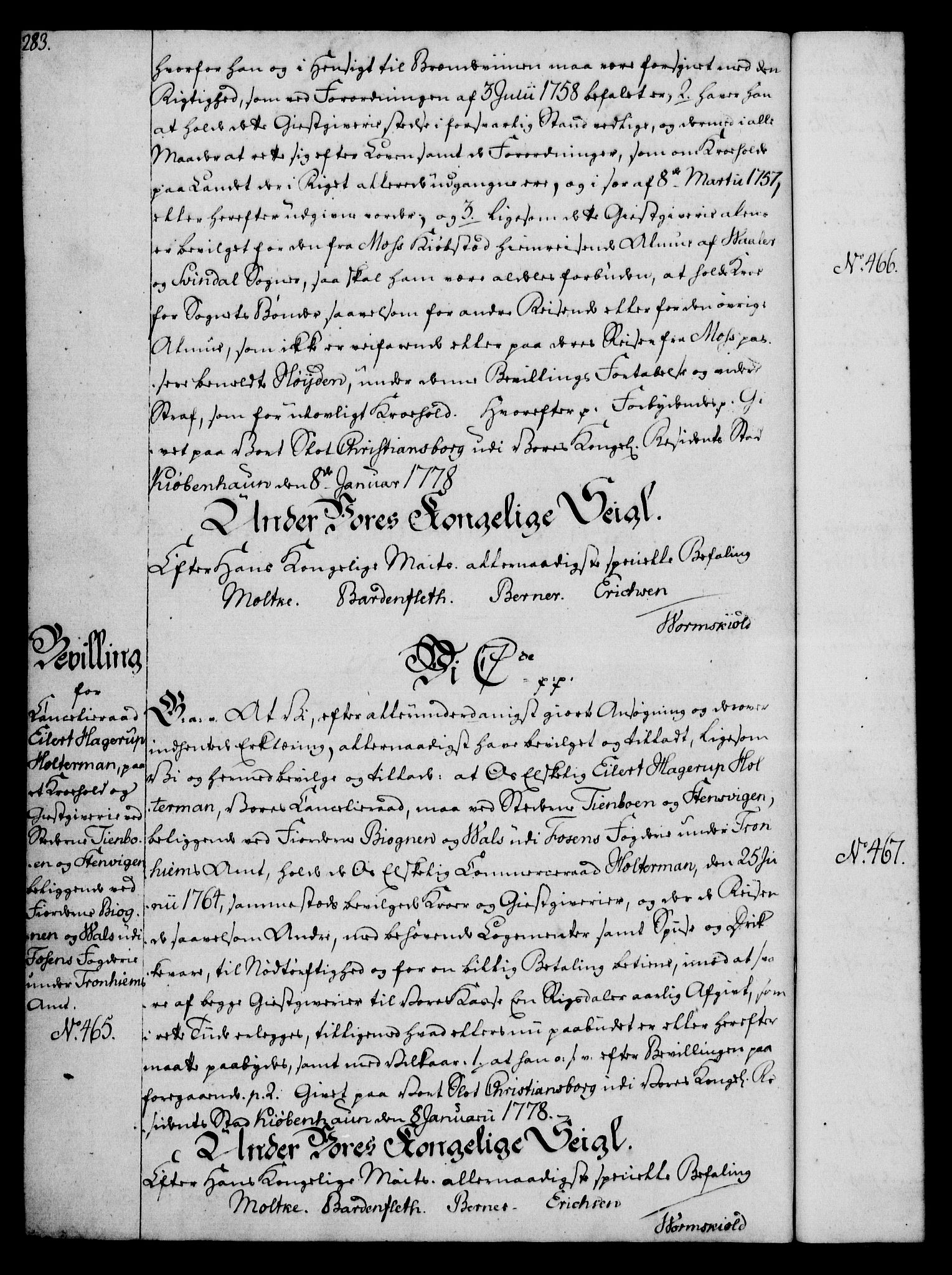 Rentekammeret, Kammerkanselliet, RA/EA-3111/G/Gg/Gga/L0010: Norsk ekspedisjonsprotokoll med register (merket RK 53.10), 1773-1778, p. 283