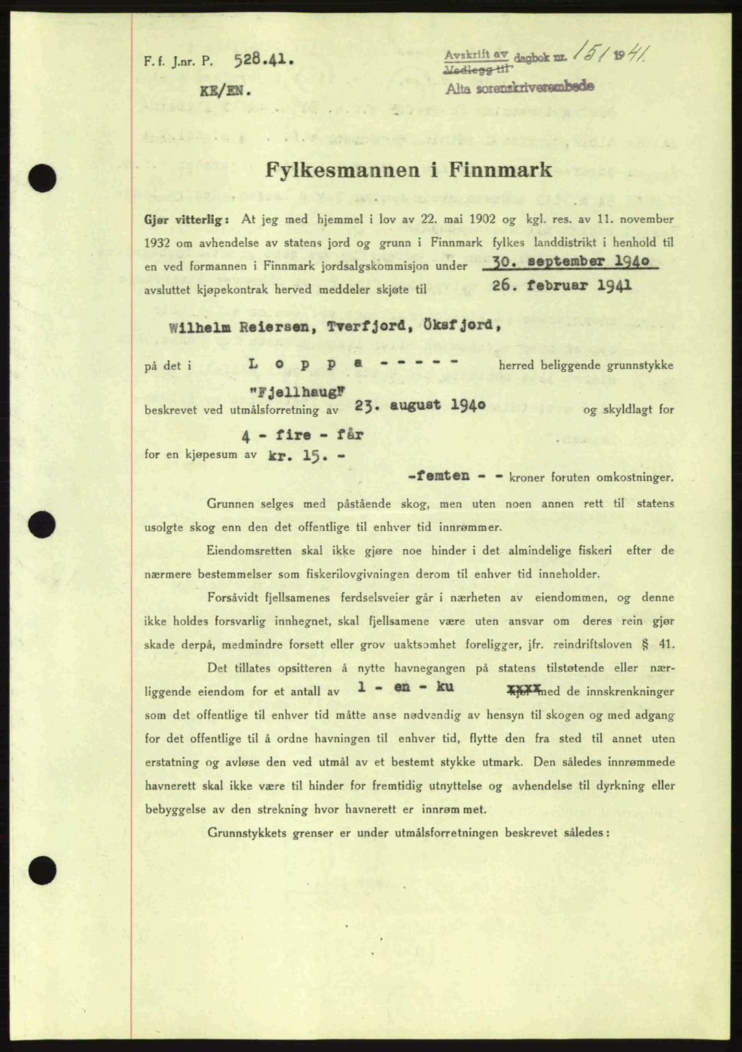 Alta fogderi/sorenskriveri, SATØ/SATØ-5/1/K/Kd/L0033pantebok: Mortgage book no. 33, 1940-1943, Diary no: : 151/1941