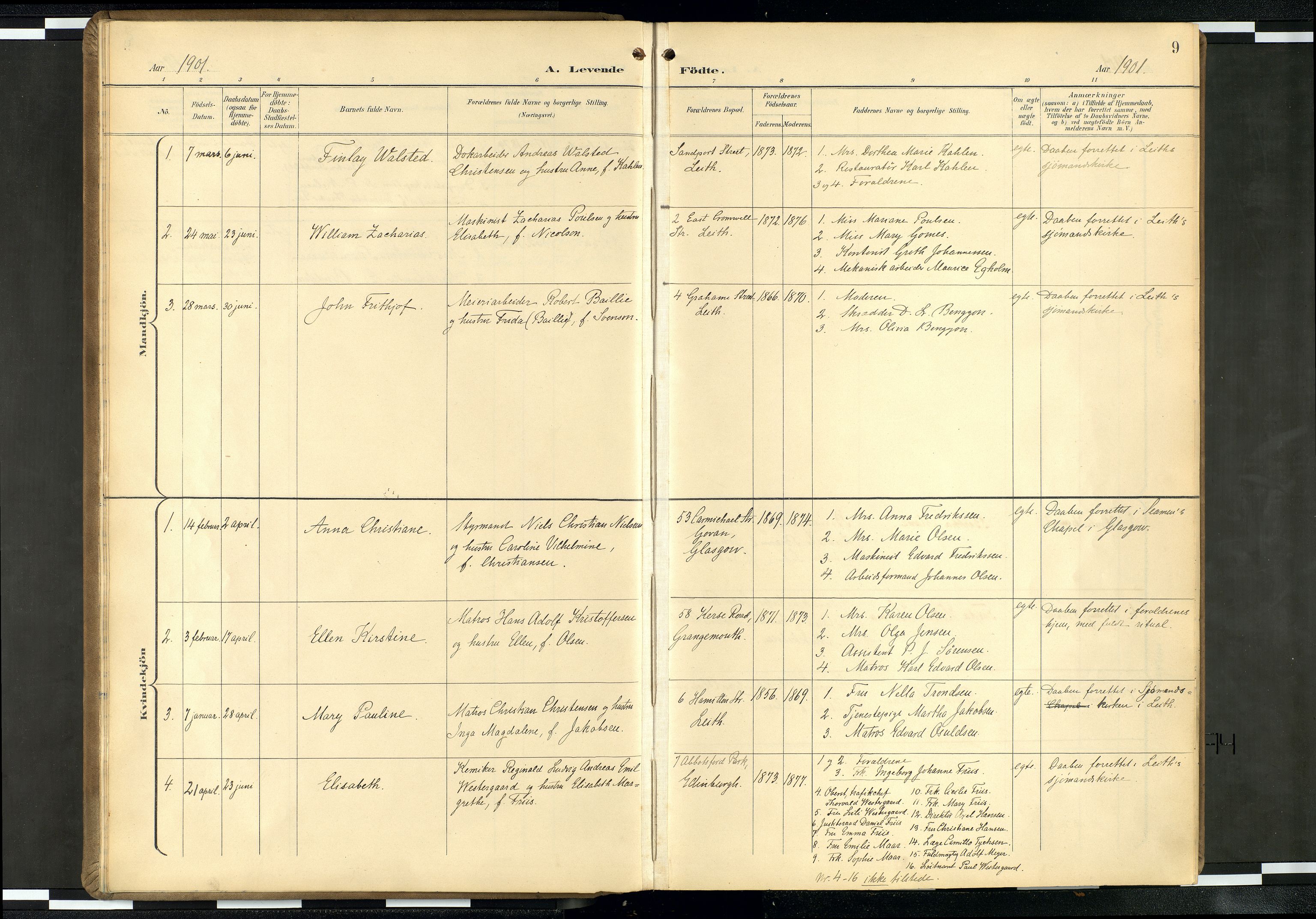 Den norske sjømannsmisjon i utlandet/Skotske havner (Leith, Glasgow), SAB/SAB/PA-0100/H/Ha/Haa/L0004: Parish register (official) no. A 4, 1899-1949, p. 8b-9a