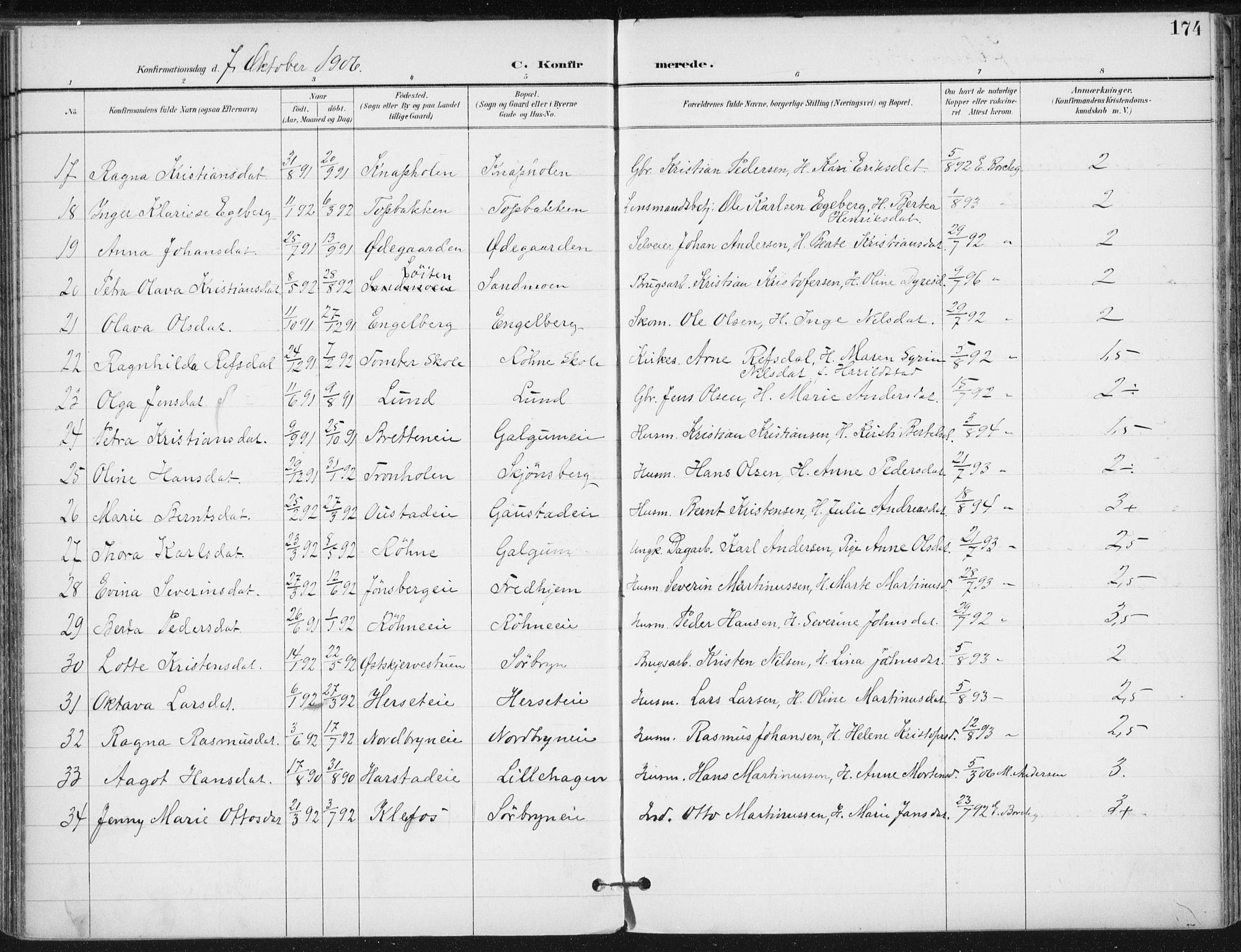 Romedal prestekontor, AV/SAH-PREST-004/K/L0011: Parish register (official) no. 11, 1896-1912, p. 174