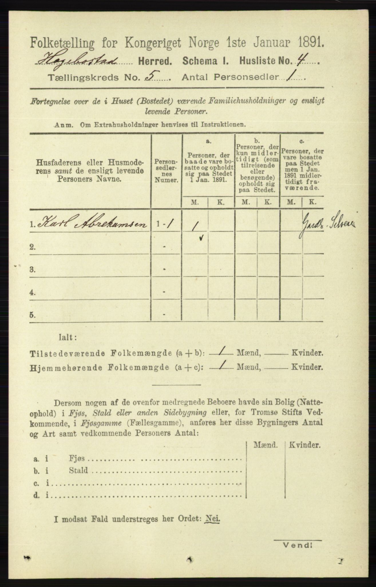 RA, 1891 census for 1034 Hægebostad, 1891, p. 1434