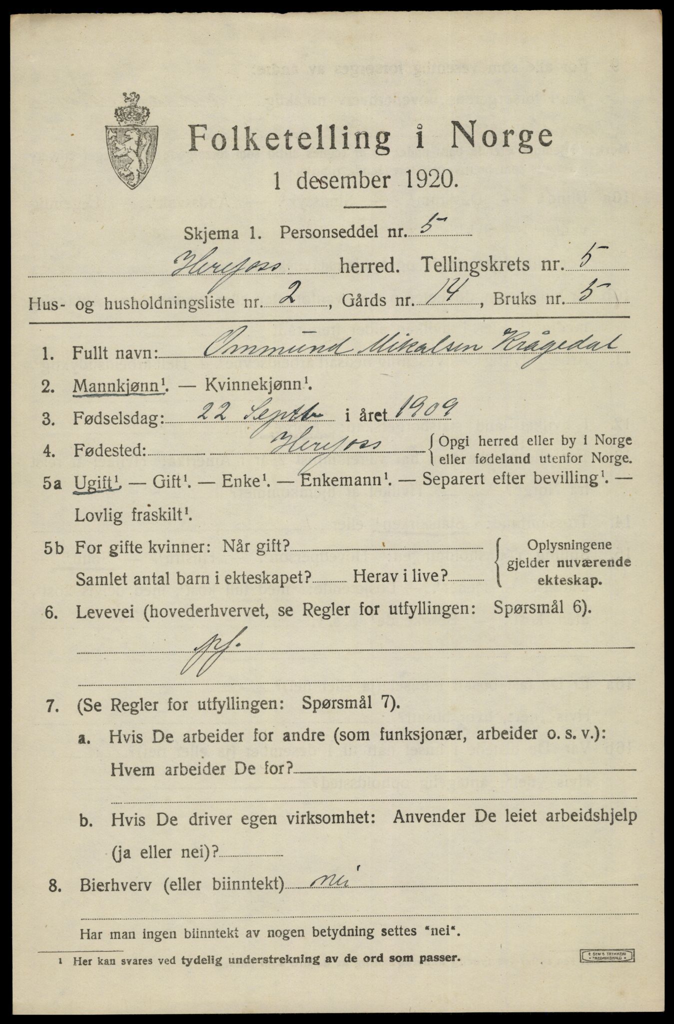 SAK, 1920 census for Herefoss, 1920, p. 936