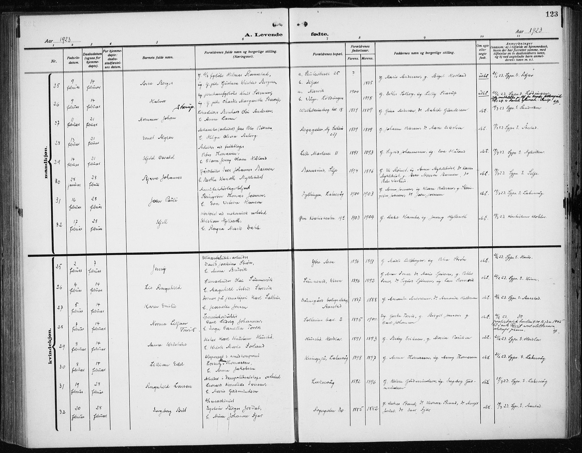 Fødselsstiftelsens sokneprestembete*, SAB/-: Parish register (official) no. A 5, 1918-1926, p. 123