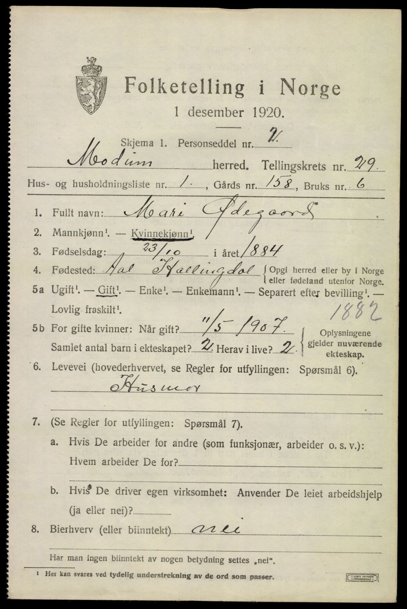 SAKO, 1920 census for Modum, 1920, p. 26485