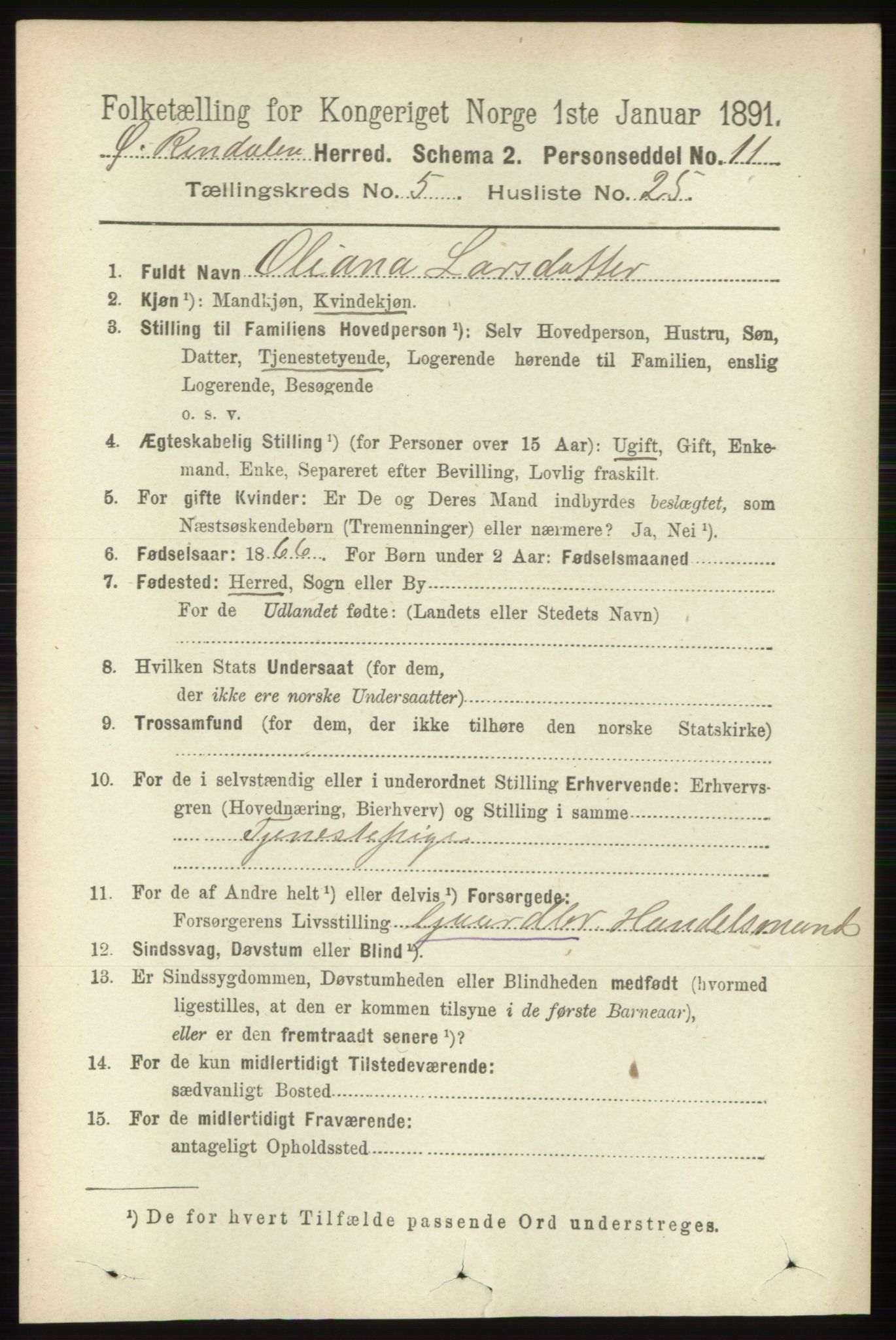 RA, 1891 census for 0433 Øvre Rendal, 1891, p. 1497