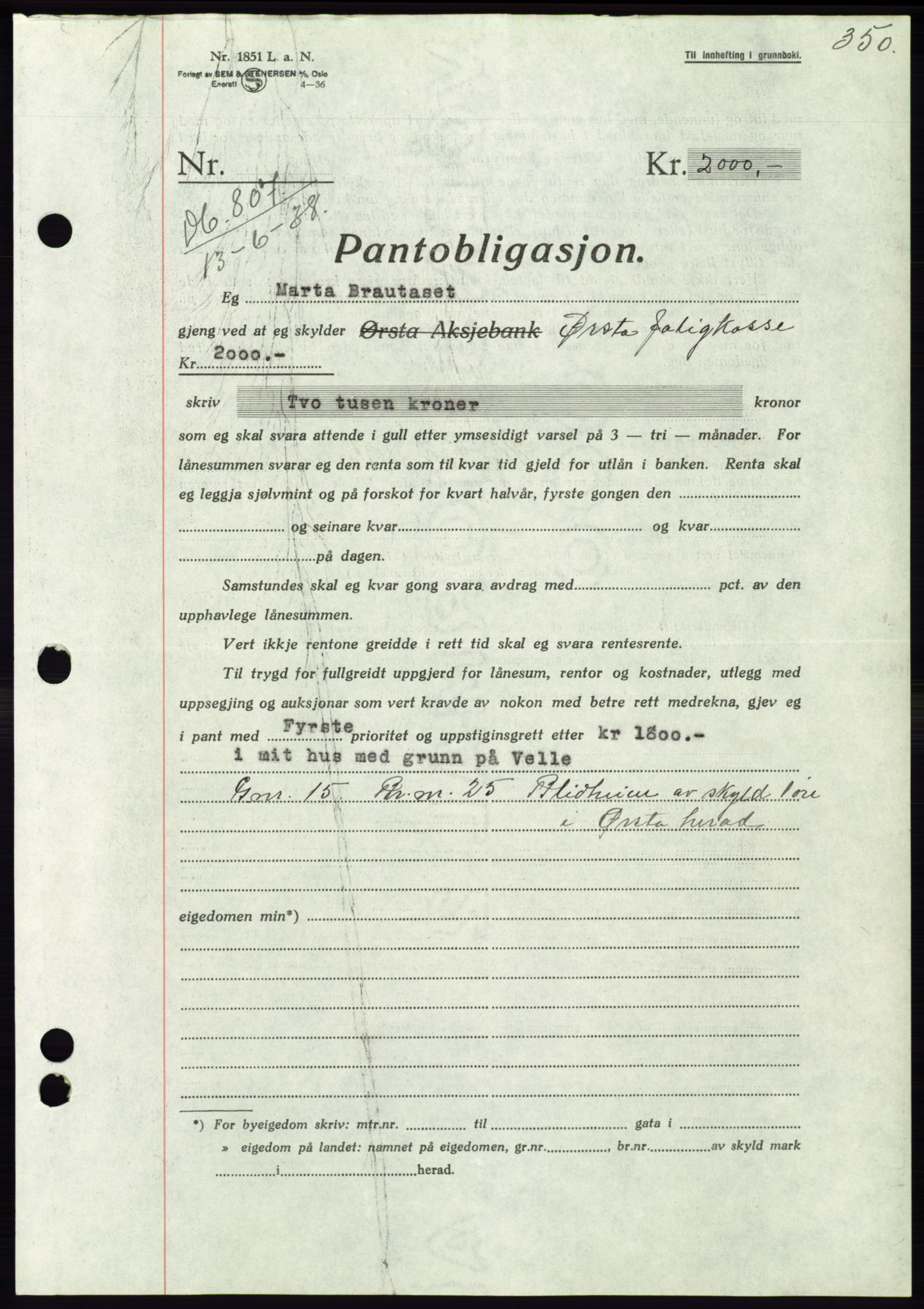 Søre Sunnmøre sorenskriveri, AV/SAT-A-4122/1/2/2C/L0065: Mortgage book no. 59, 1938-1938, Diary no: : 807/1938