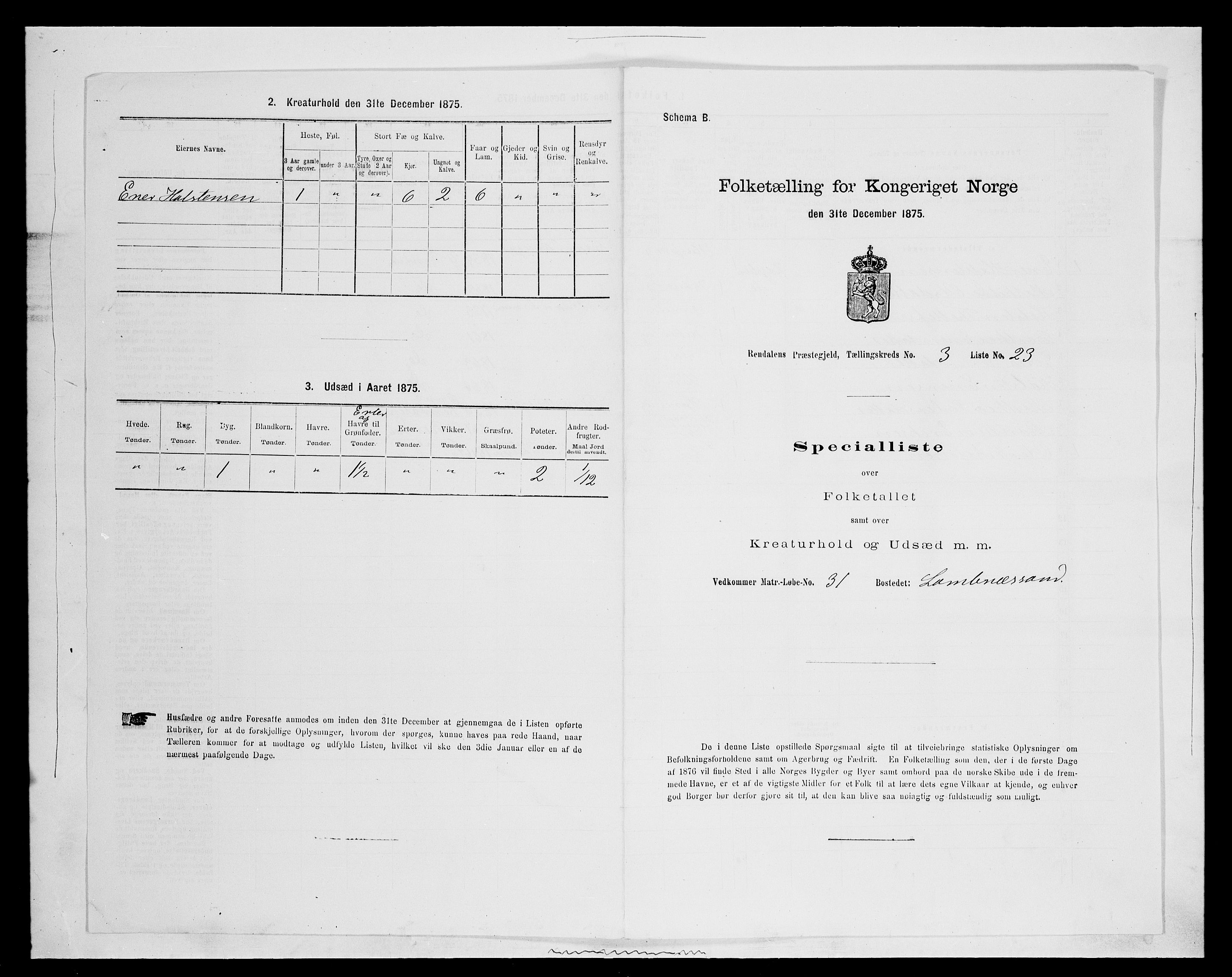 SAH, 1875 census for 0432P Rendalen, 1875, p. 390