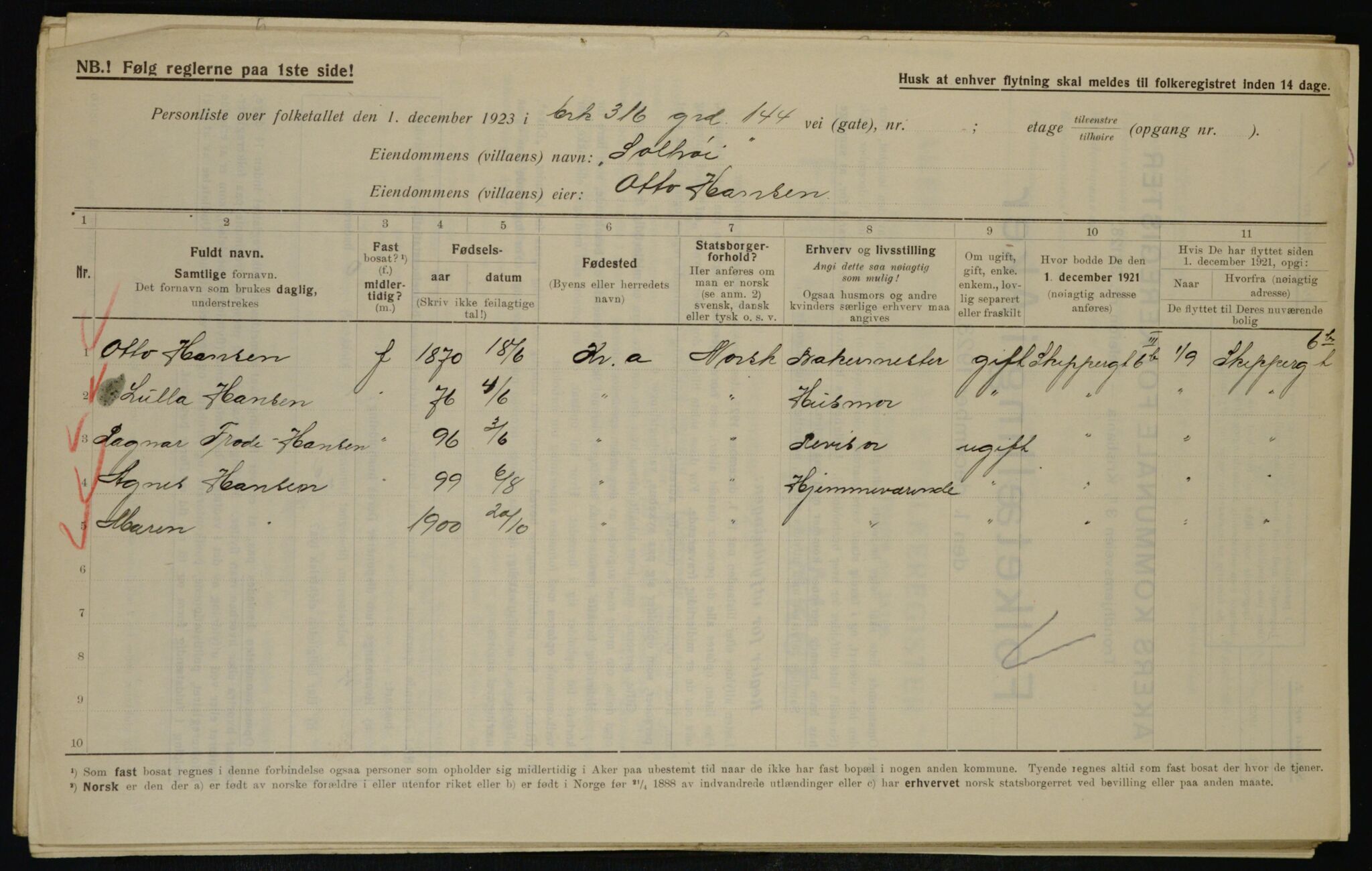 , Municipal Census 1923 for Aker, 1923, p. 36539