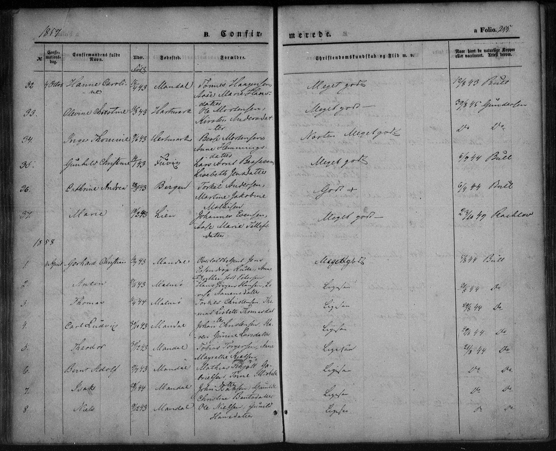 Mandal sokneprestkontor, SAK/1111-0030/F/Fa/Faa/L0013: Parish register (official) no. A 13, 1847-1859, p. 255