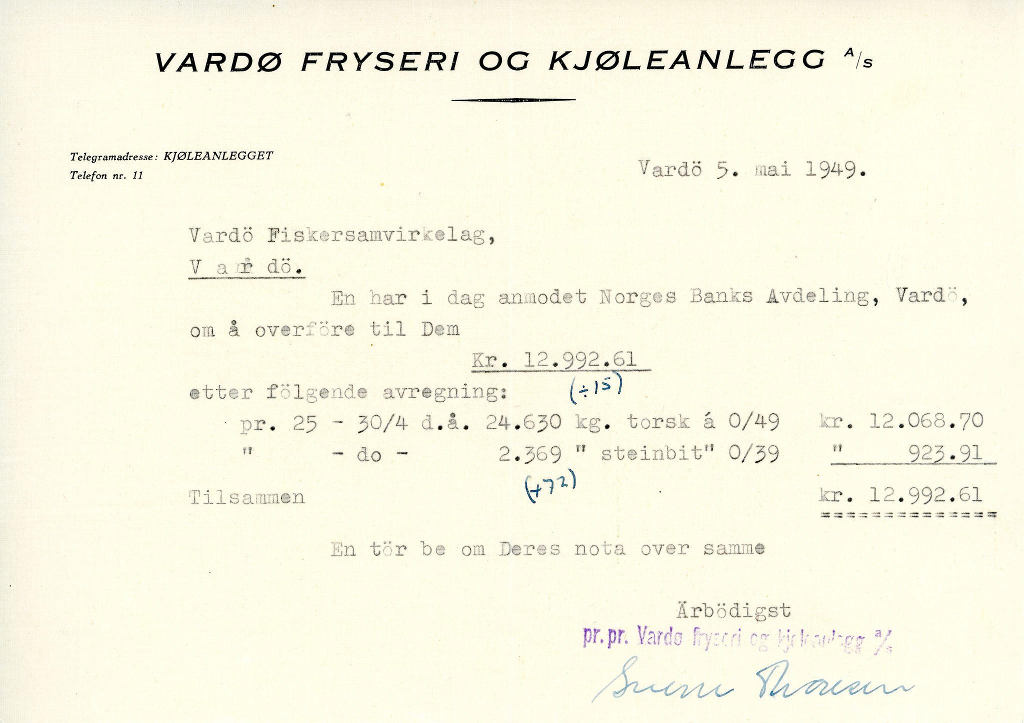 Vardø Fiskersamvirkelag, VAMU/A-0037/D/Da/L0008: Korrespondanse Tr-År, 1947-1950