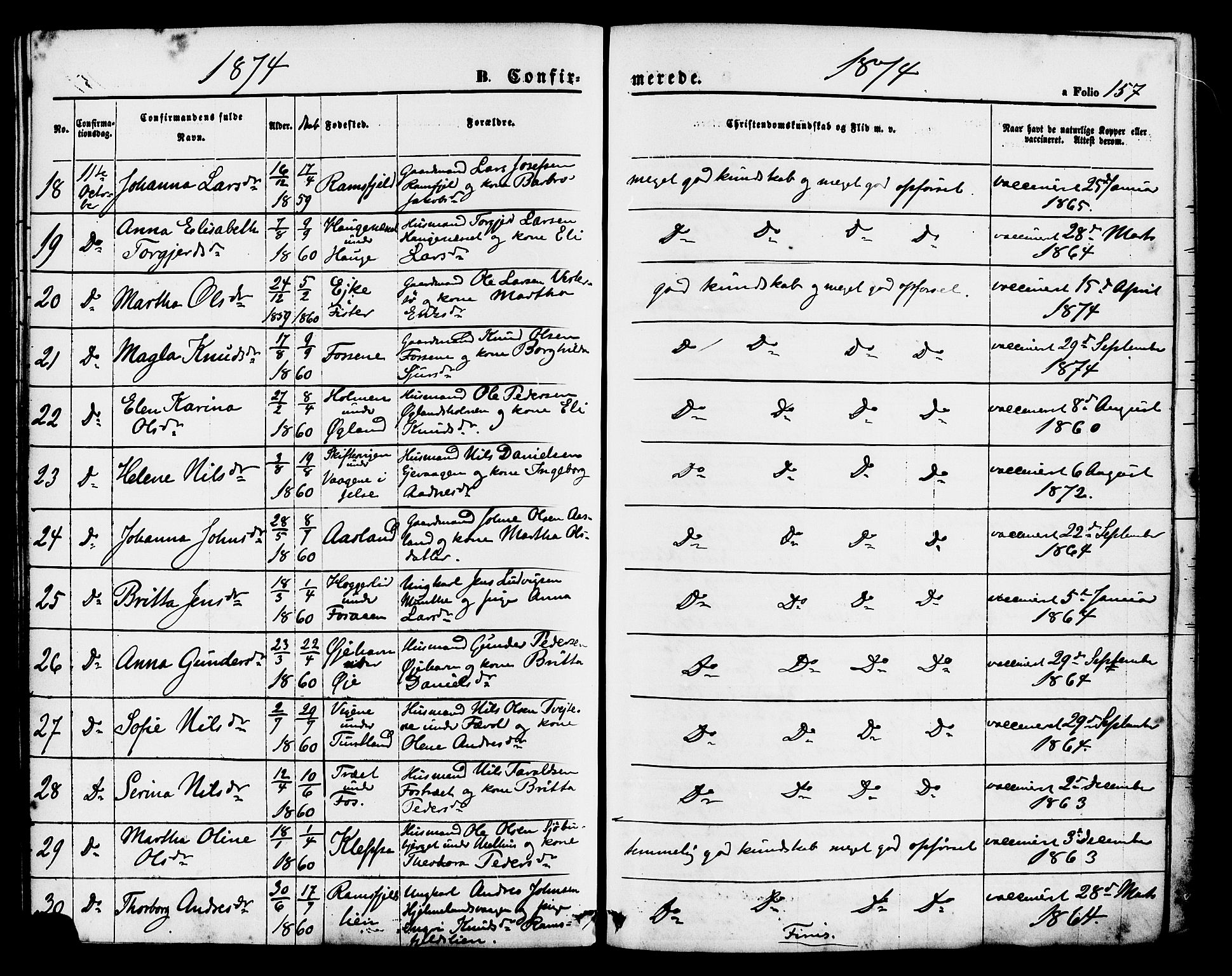 Hjelmeland sokneprestkontor, AV/SAST-A-101843/01/IV/L0011: Parish register (official) no. A 11, 1861-1878, p. 157