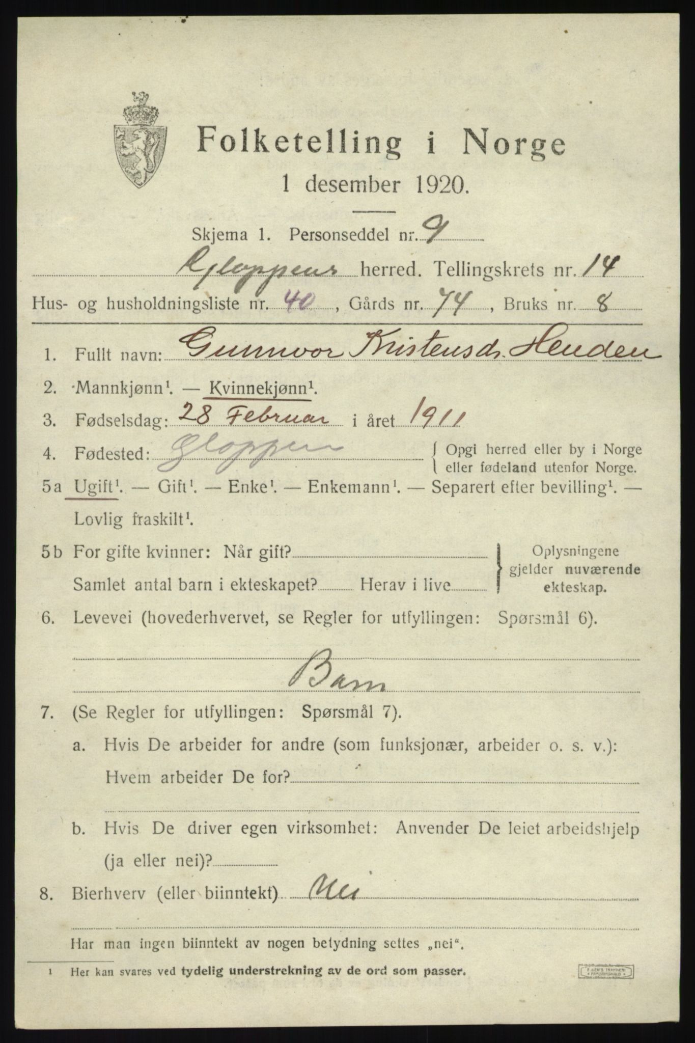 SAB, 1920 census for Gloppen, 1920, p. 7410