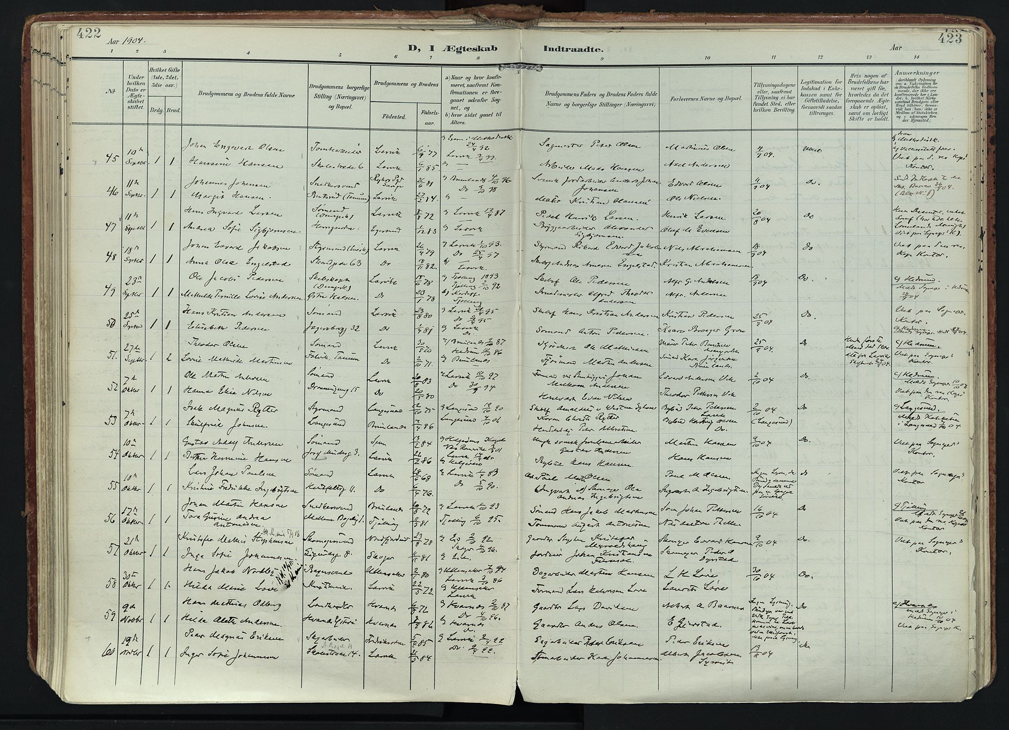 Larvik kirkebøker, AV/SAKO-A-352/F/Fa/L0011: Parish register (official) no. I 11, 1902-1922, p. 422-423