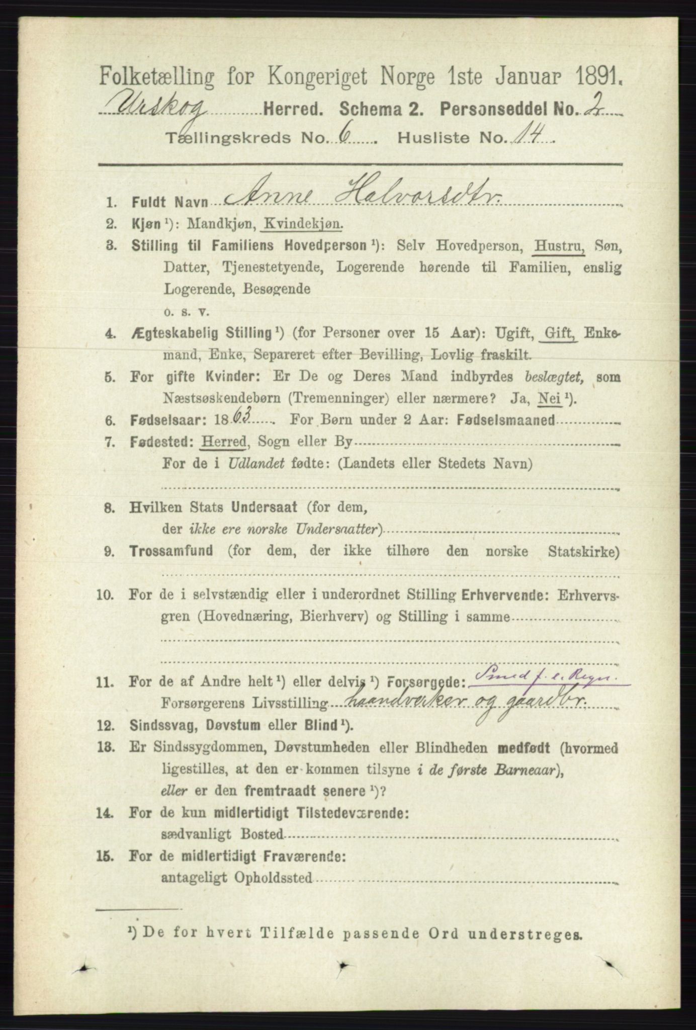 RA, 1891 census for 0224 Aurskog, 1891, p. 2836