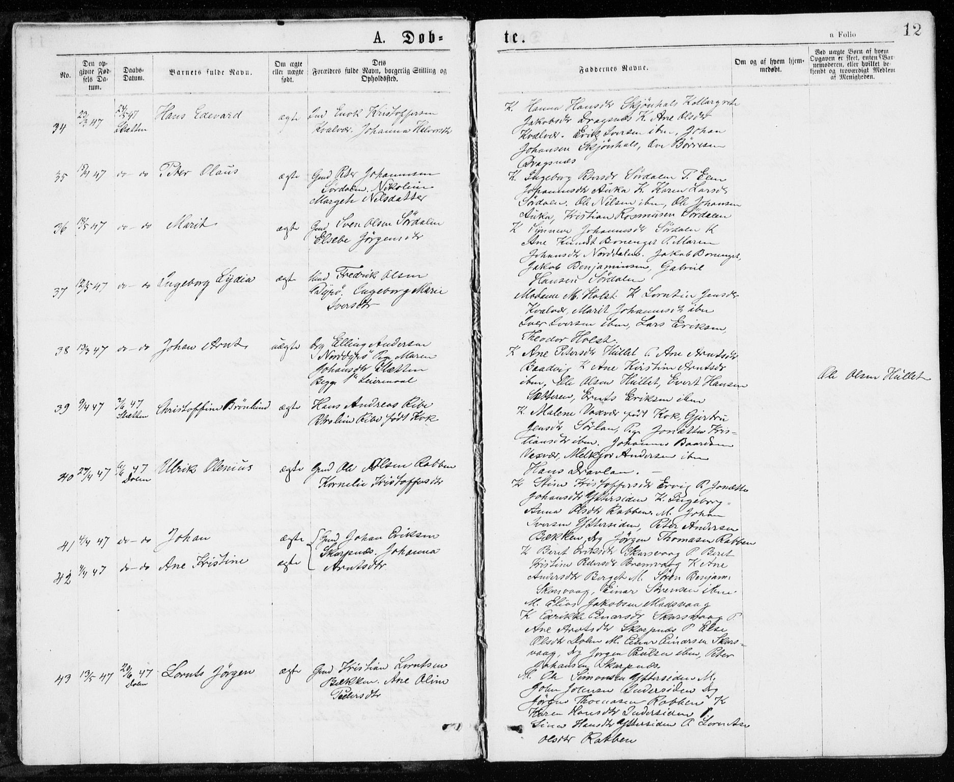 Ministerialprotokoller, klokkerbøker og fødselsregistre - Sør-Trøndelag, AV/SAT-A-1456/640/L0576: Parish register (official) no. 640A01, 1846-1876, p. 12