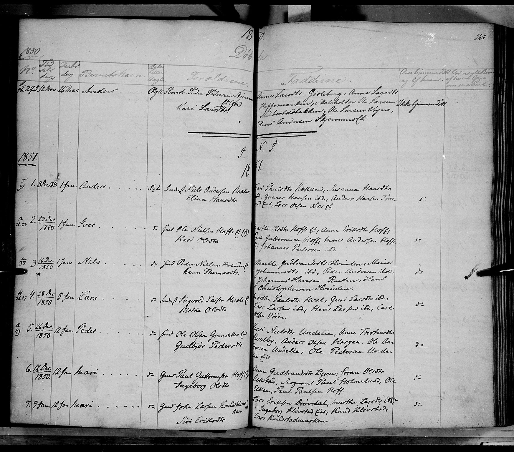 Gran prestekontor, SAH/PREST-112/H/Ha/Haa/L0011: Parish register (official) no. 11, 1842-1856, p. 262-263