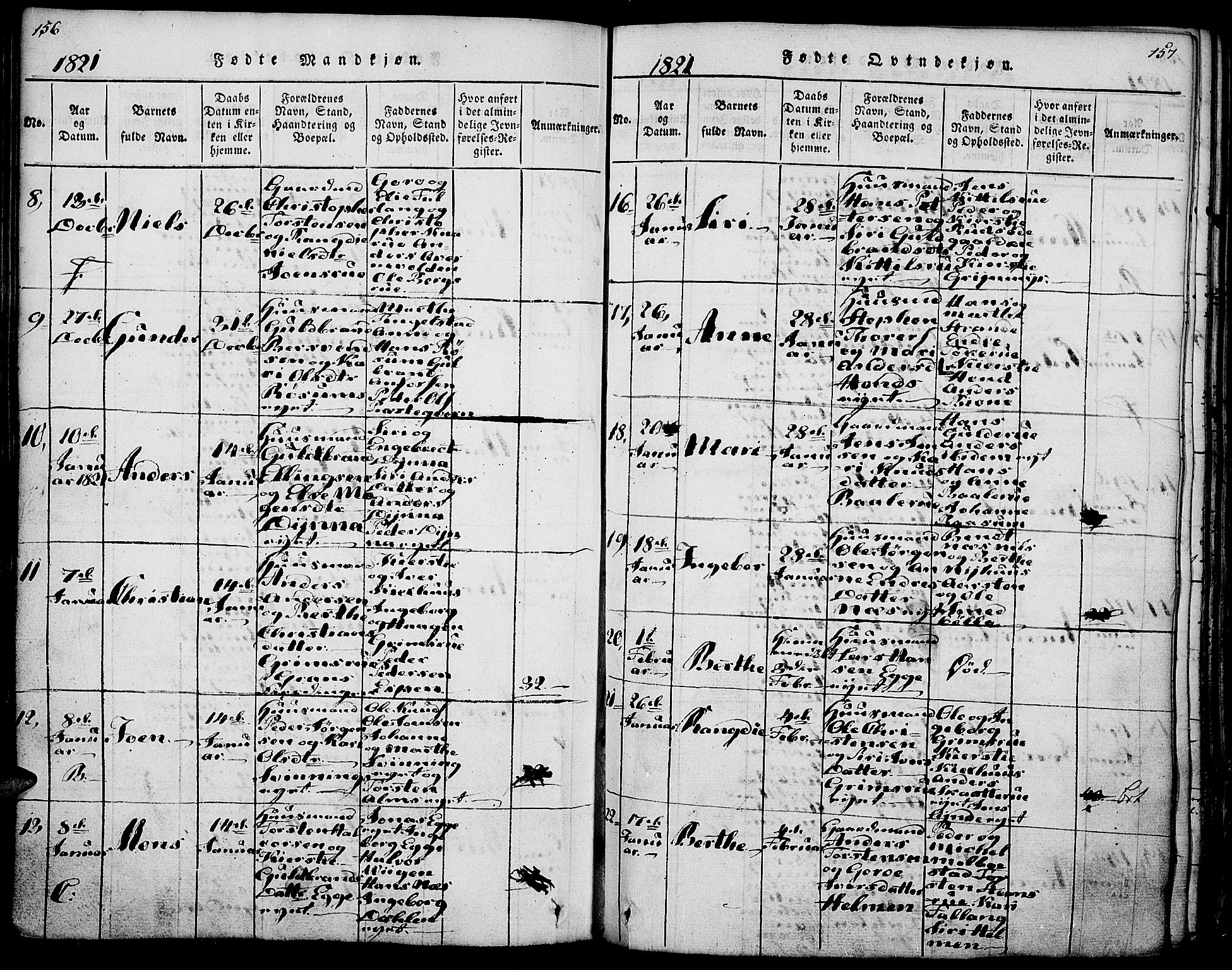 Gran prestekontor, SAH/PREST-112/H/Ha/Haa/L0009: Parish register (official) no. 9, 1815-1824, p. 156-157