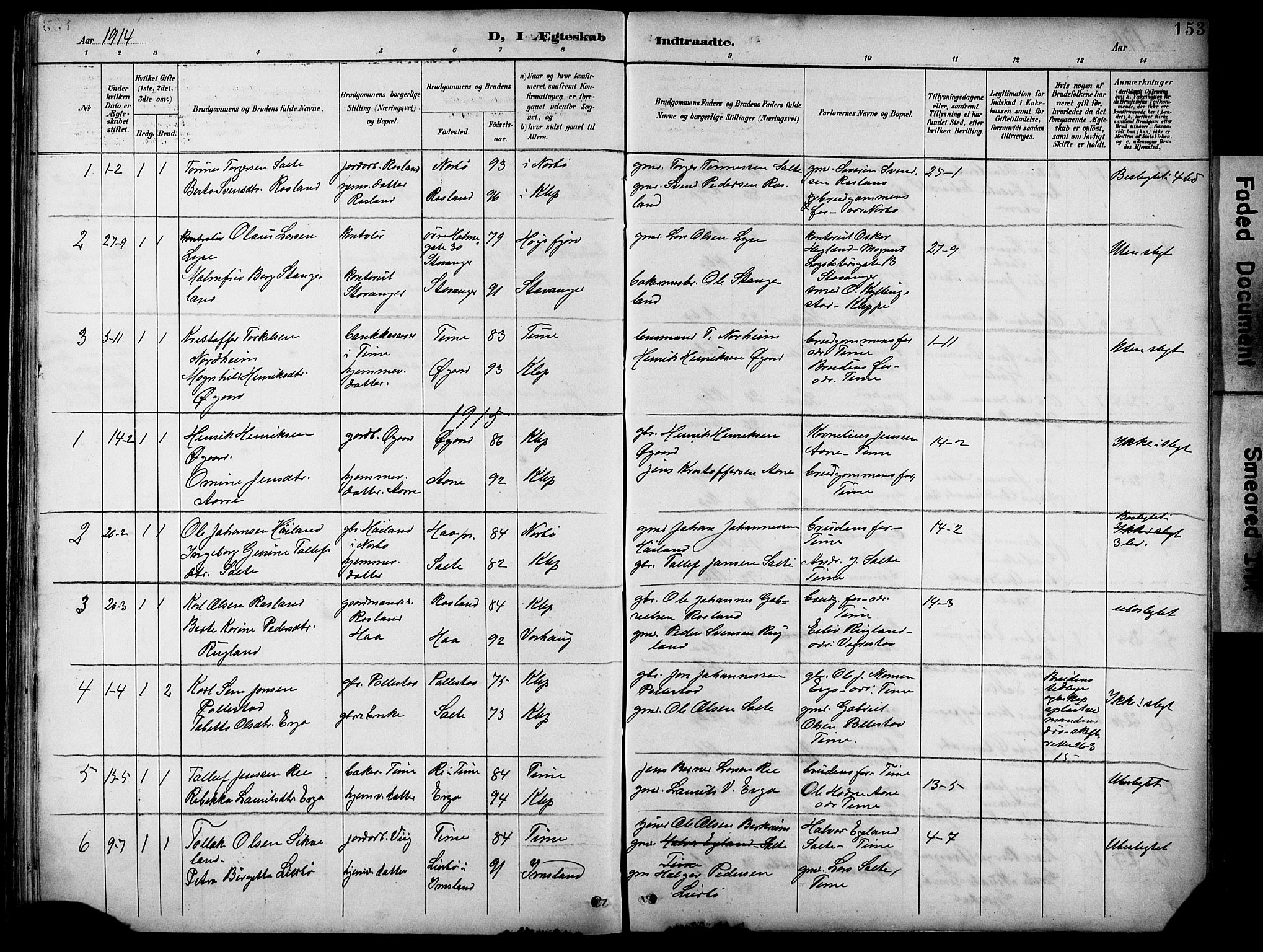 Klepp sokneprestkontor, SAST/A-101803/001/3/30BB/L0005: Parish register (copy) no. B 5, 1889-1918, p. 153