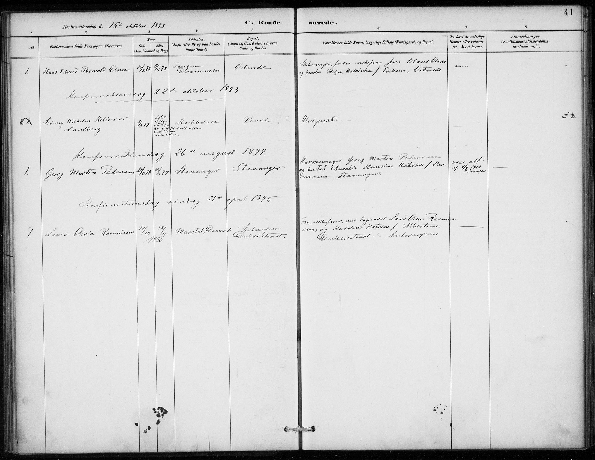 Den norske sjømannsmisjon i utlandet/Antwerpen, SAB/SAB/PA-0105/H/Ha/L0002: Parish register (official) no. A 2, 1887-1913, p. 41