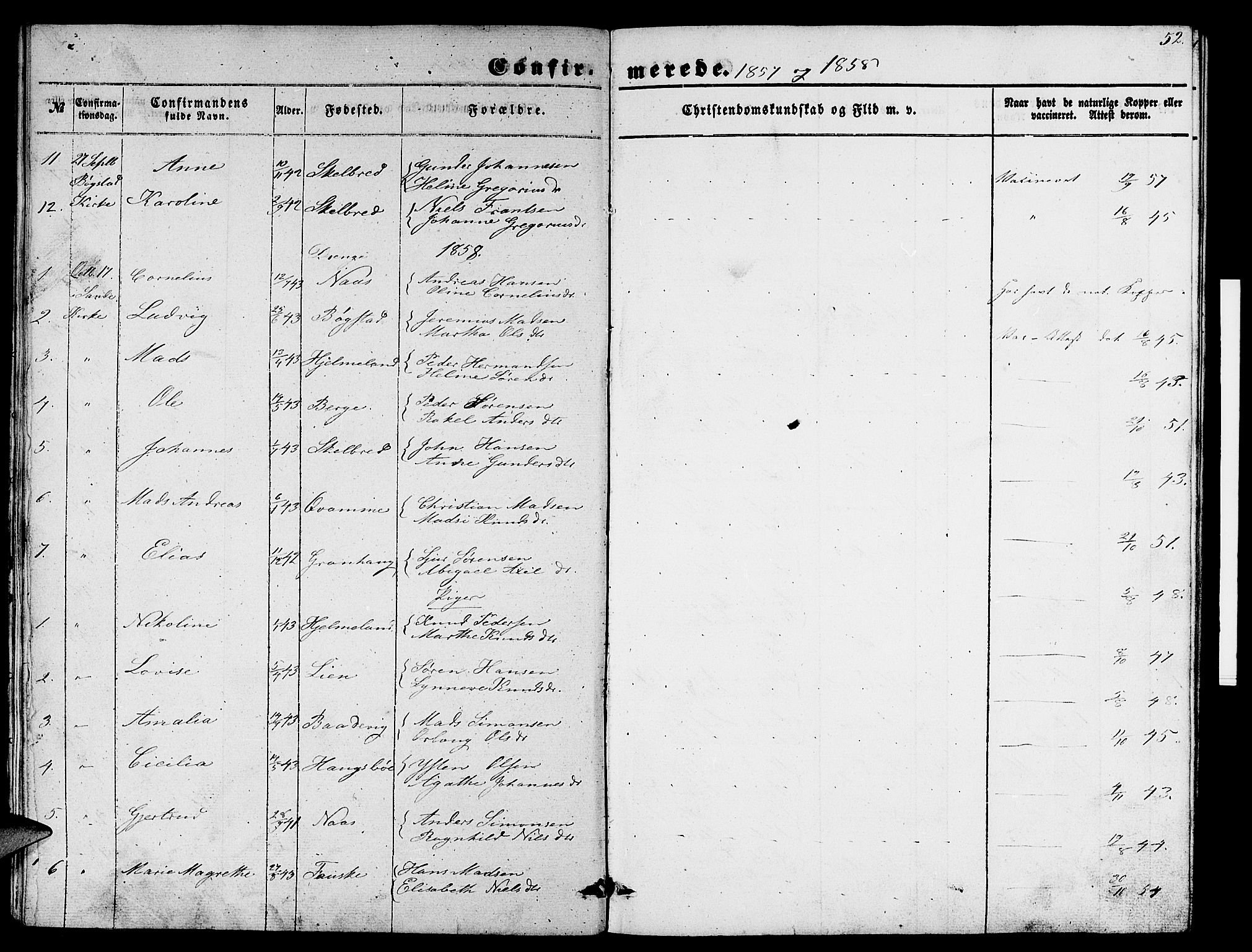 Gaular sokneprestembete, SAB/A-80001/H/Hab: Parish register (copy) no. B 1, 1853-1863, p. 52