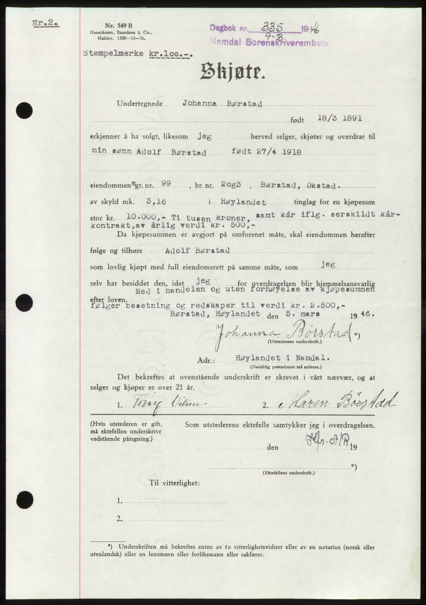 Namdal sorenskriveri, AV/SAT-A-4133/1/2/2C: Mortgage book no. -, 1946-1946, Diary no: : 335/1946
