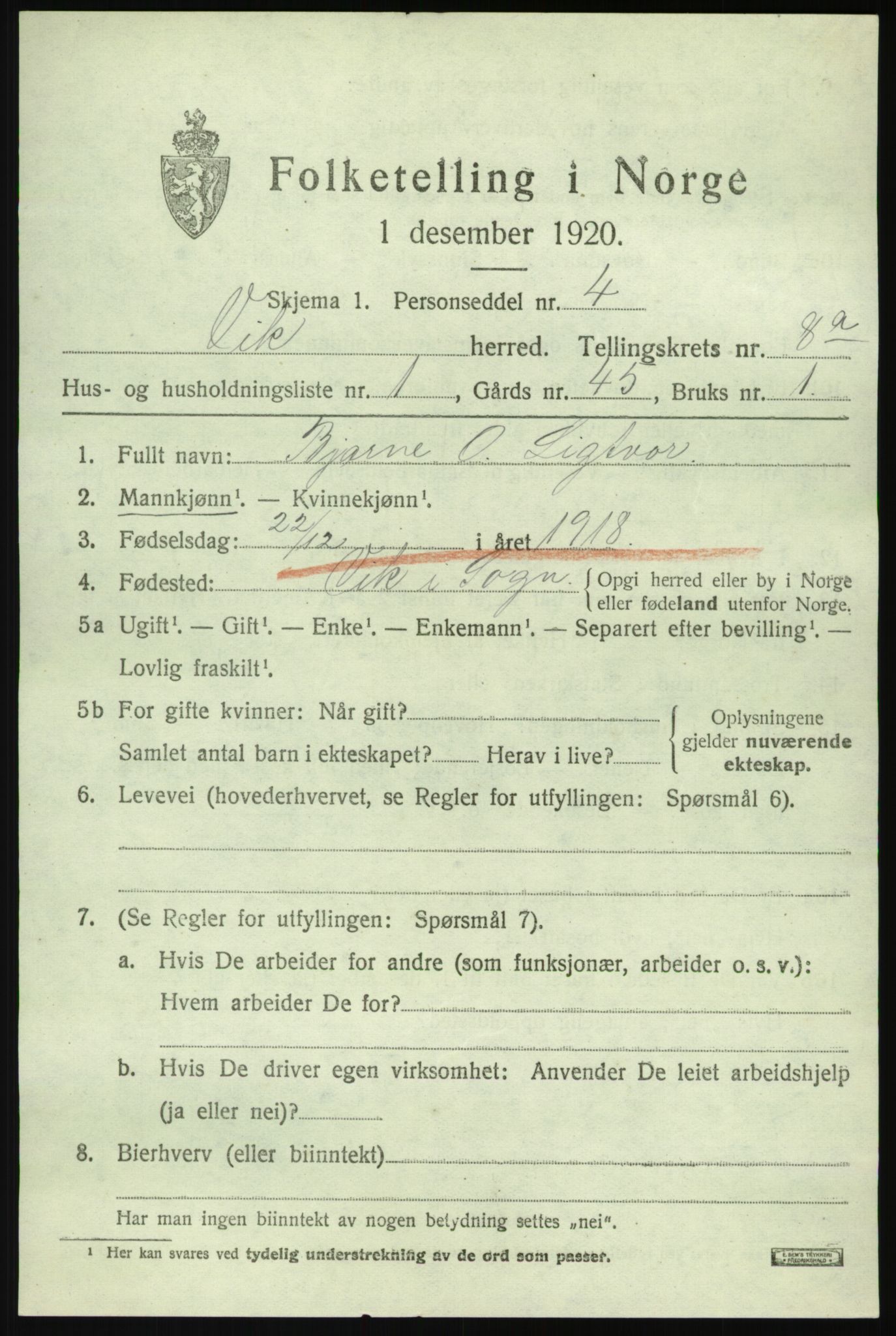 SAB, 1920 census for Vik, 1920, p. 5375