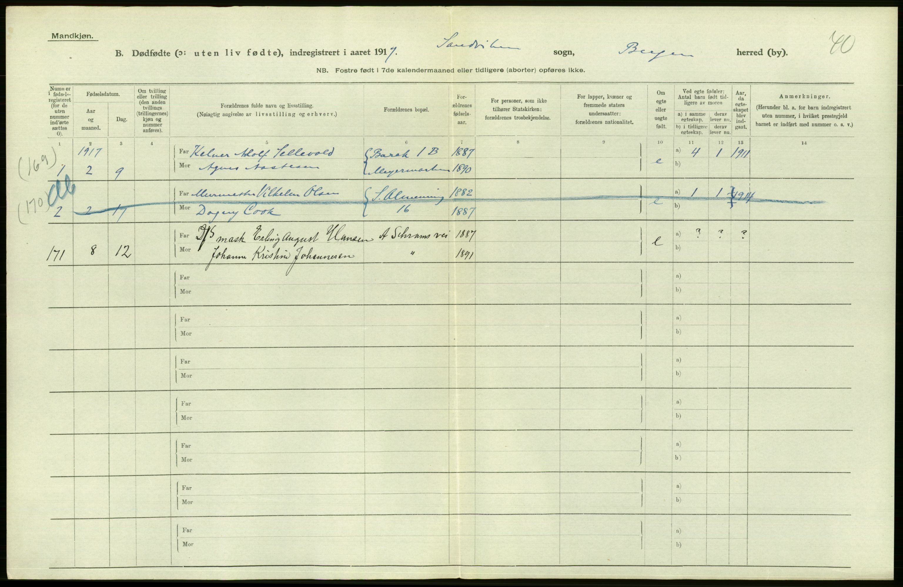 Statistisk sentralbyrå, Sosiodemografiske emner, Befolkning, AV/RA-S-2228/D/Df/Dfb/Dfbg/L0038: Bergen: Gifte, døde, dødfødte., 1917, p. 318