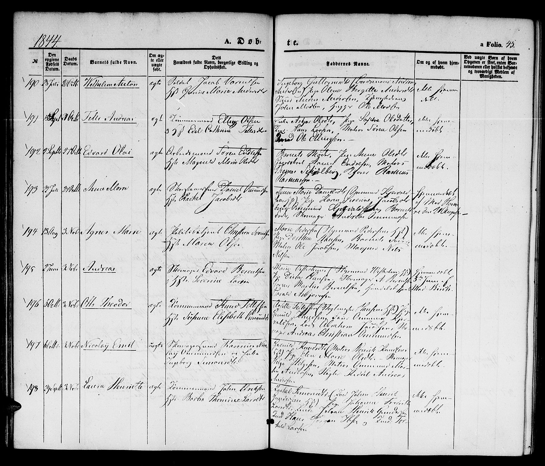 Kristiansand domprosti, SAK/1112-0006/F/Fb/L0010: Parish register (copy) no. B 10, 1843-1850, p. 45