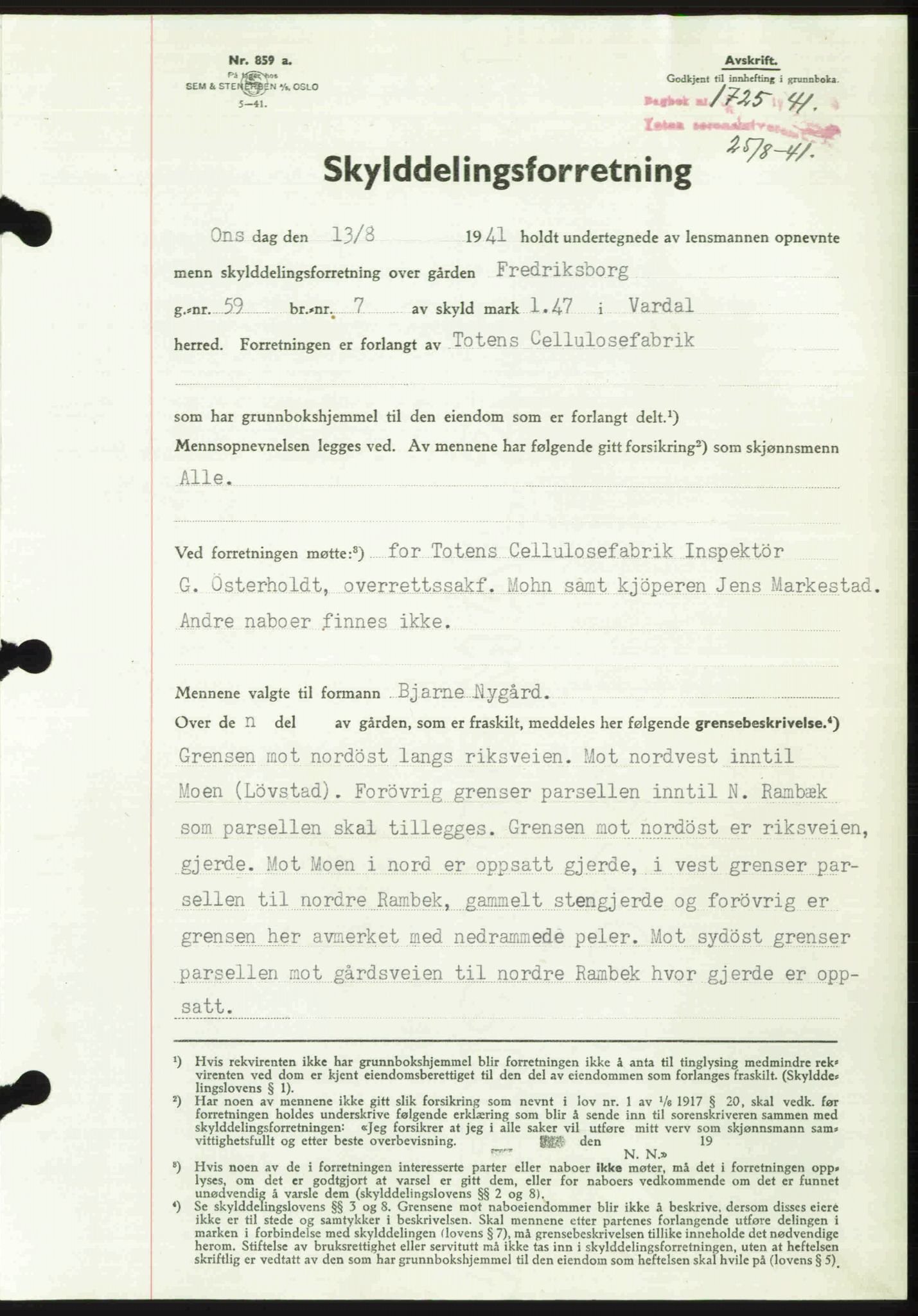 Toten tingrett, SAH/TING-006/H/Hb/Hbc/L0008: Mortgage book no. Hbc-08, 1941-1941, Diary no: : 1725/1941