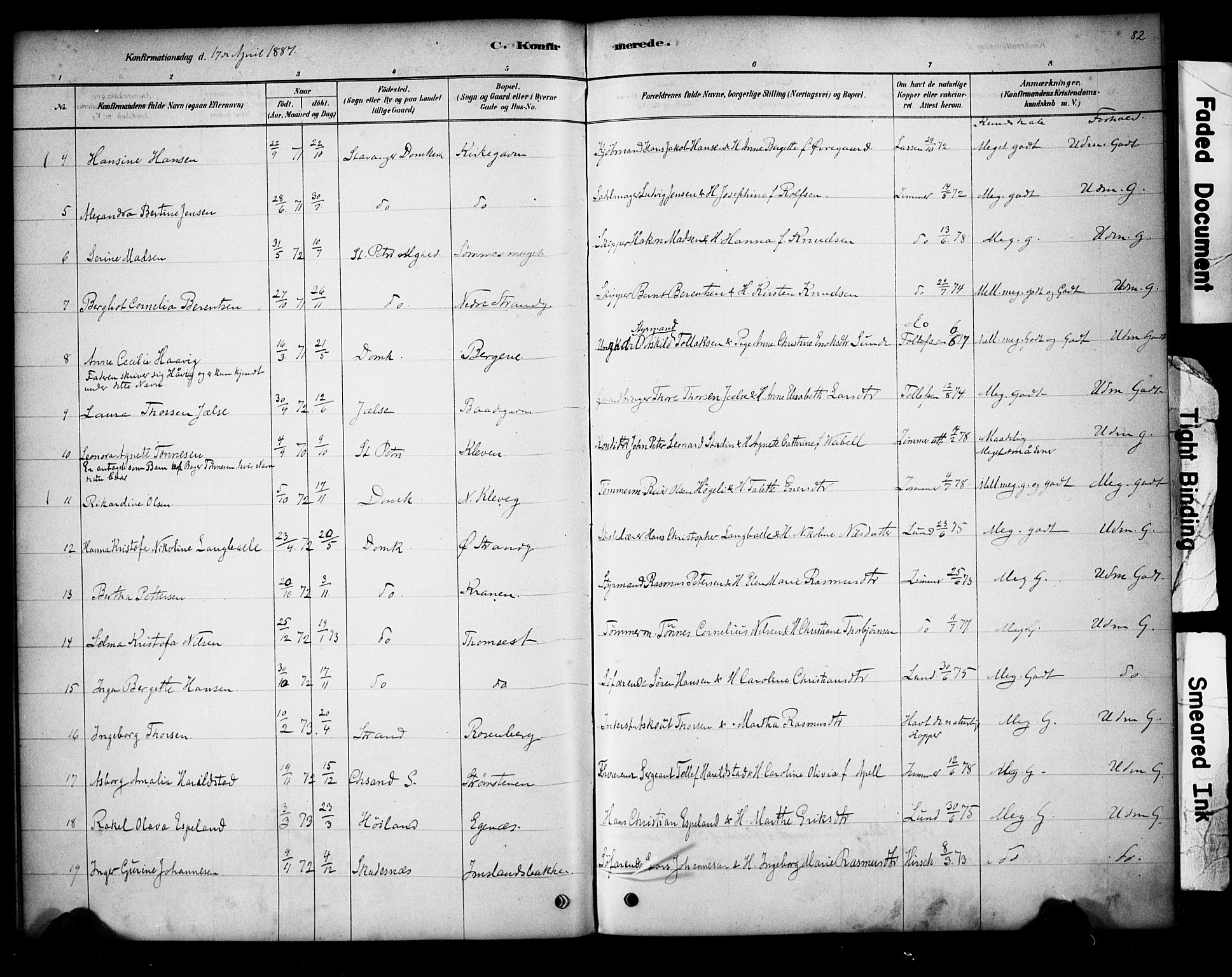 Domkirken sokneprestkontor, SAST/A-101812/001/30/30BA/L0028: Parish register (official) no. A 27, 1878-1896, p. 82