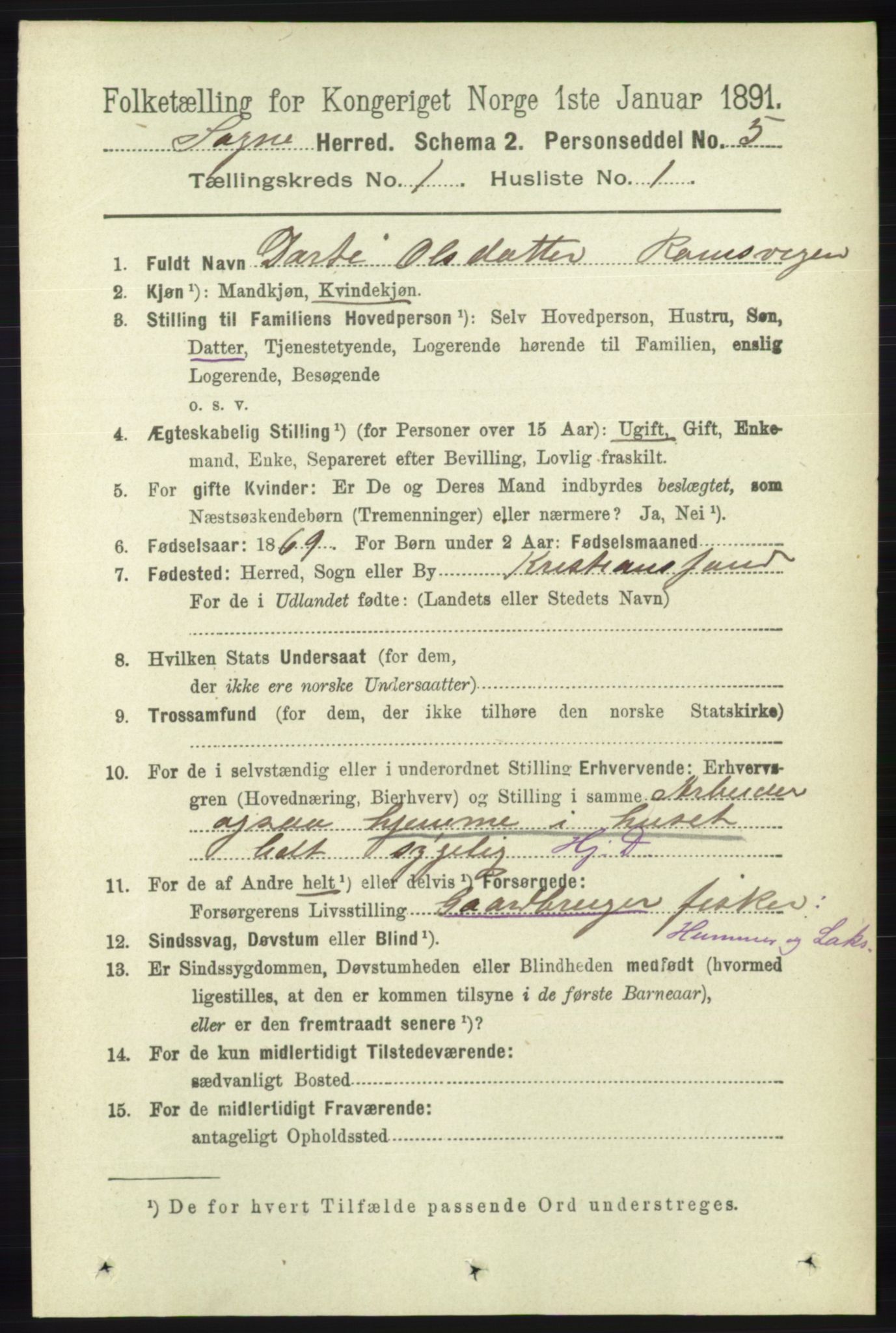 RA, 1891 census for 1018 Søgne, 1891, p. 68