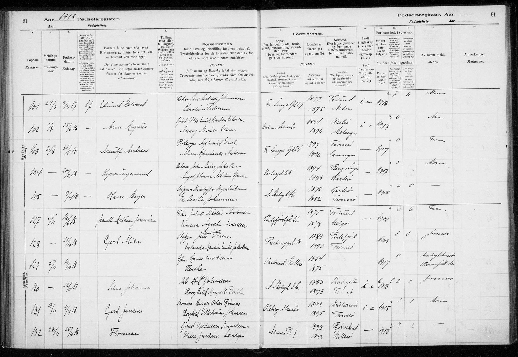 Tromsø sokneprestkontor/stiftsprosti/domprosti, SATØ/S-1343/H/Ha/L0131: Birth register no. 131, 1916-1921, p. 91