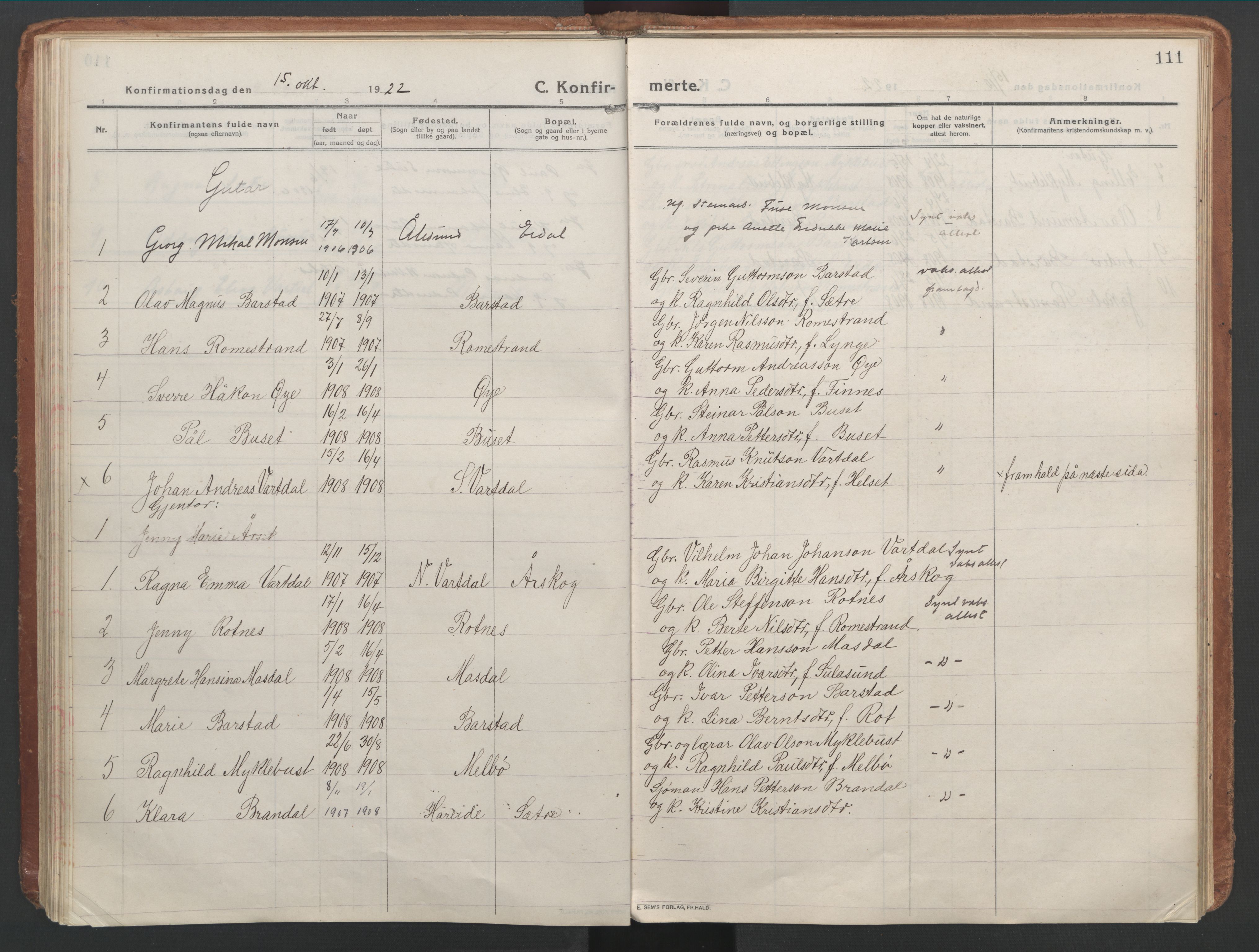 Ministerialprotokoller, klokkerbøker og fødselsregistre - Møre og Romsdal, AV/SAT-A-1454/514/L0200: Parish register (official) no. 514A02, 1913-1943, p. 111